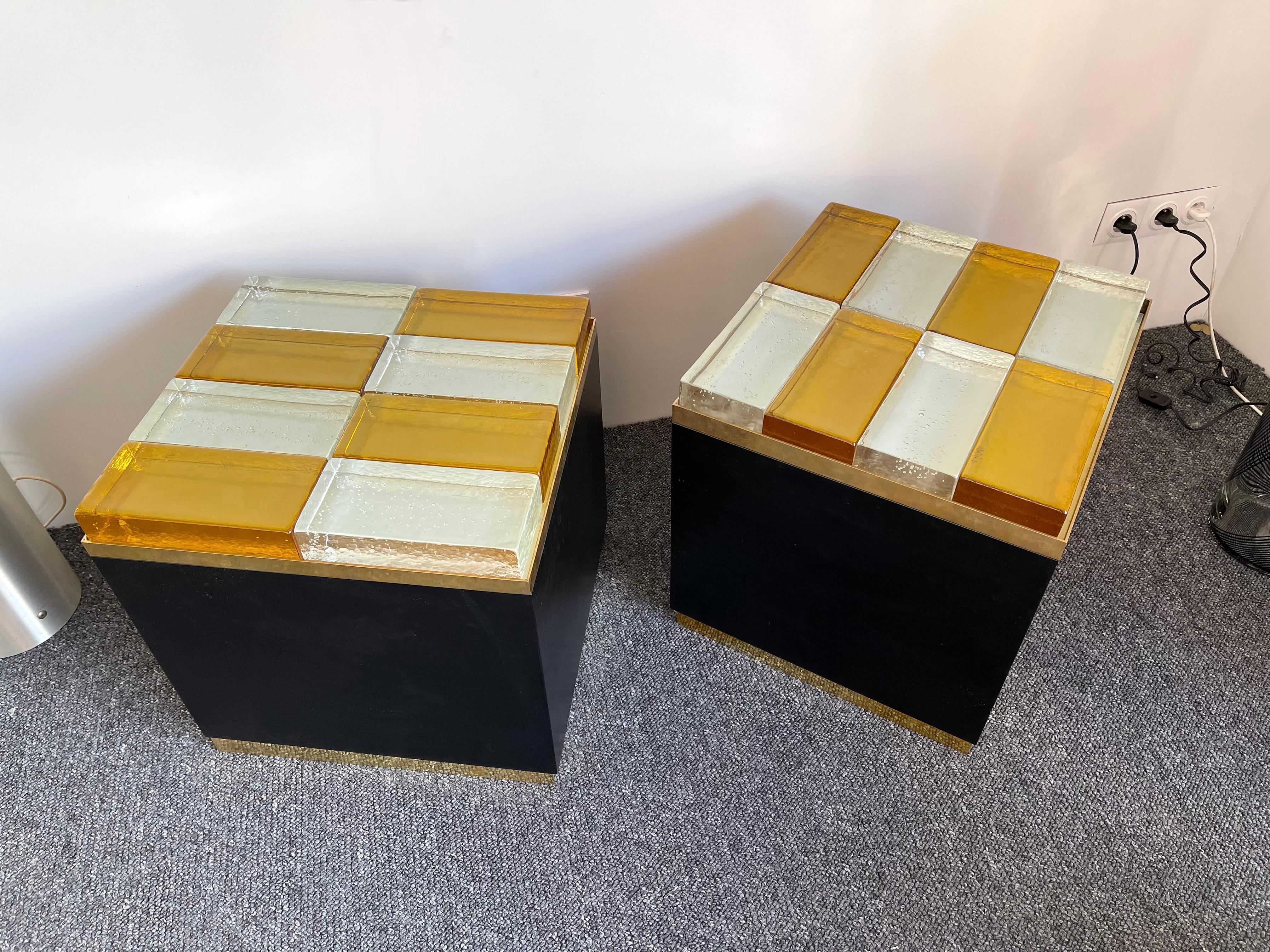 Contemporary Pair of Lightning Murano Glass Brass Side Tables, Italy 2