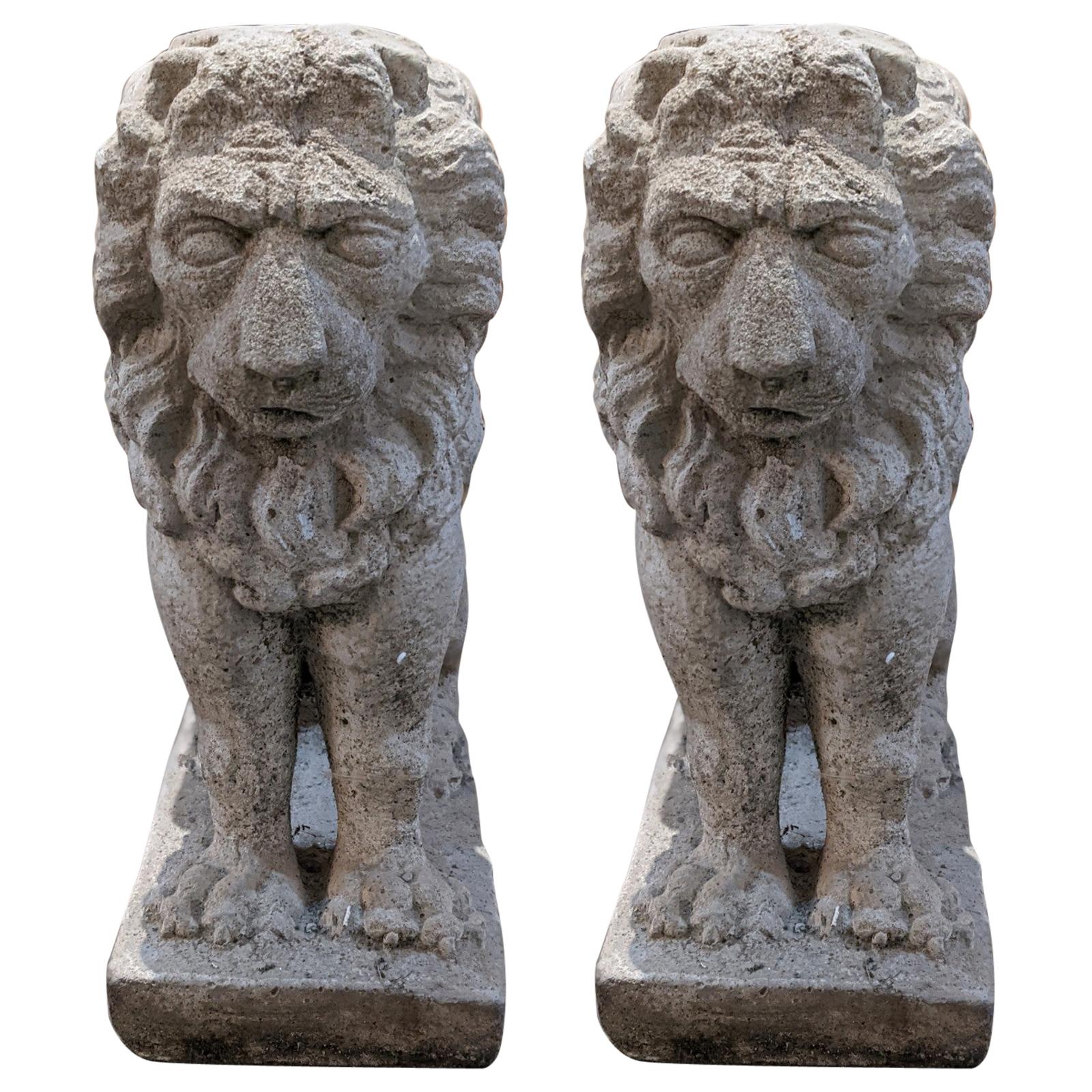 Contemporary Pair of Limestone Composite Lions from France For Sale