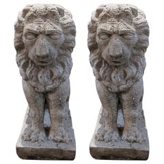 Contemporary Pair of Limestone Composite Lions from France