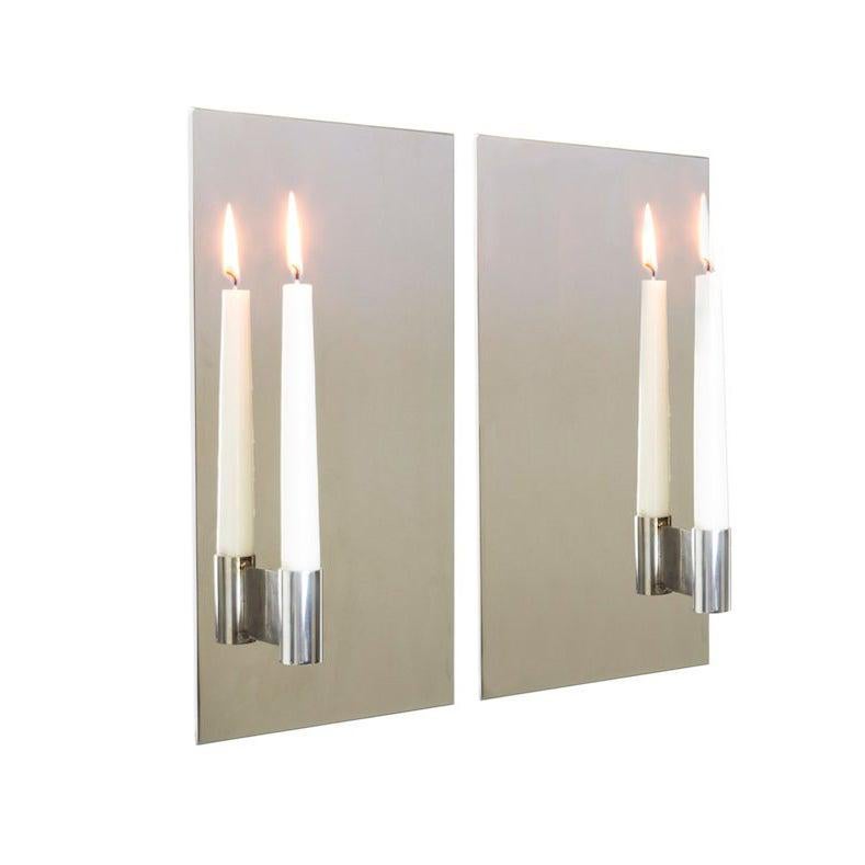 fferrone Contemporary Pair of Mirror Polished Stainless Steel Candle Wall Scones For Sale