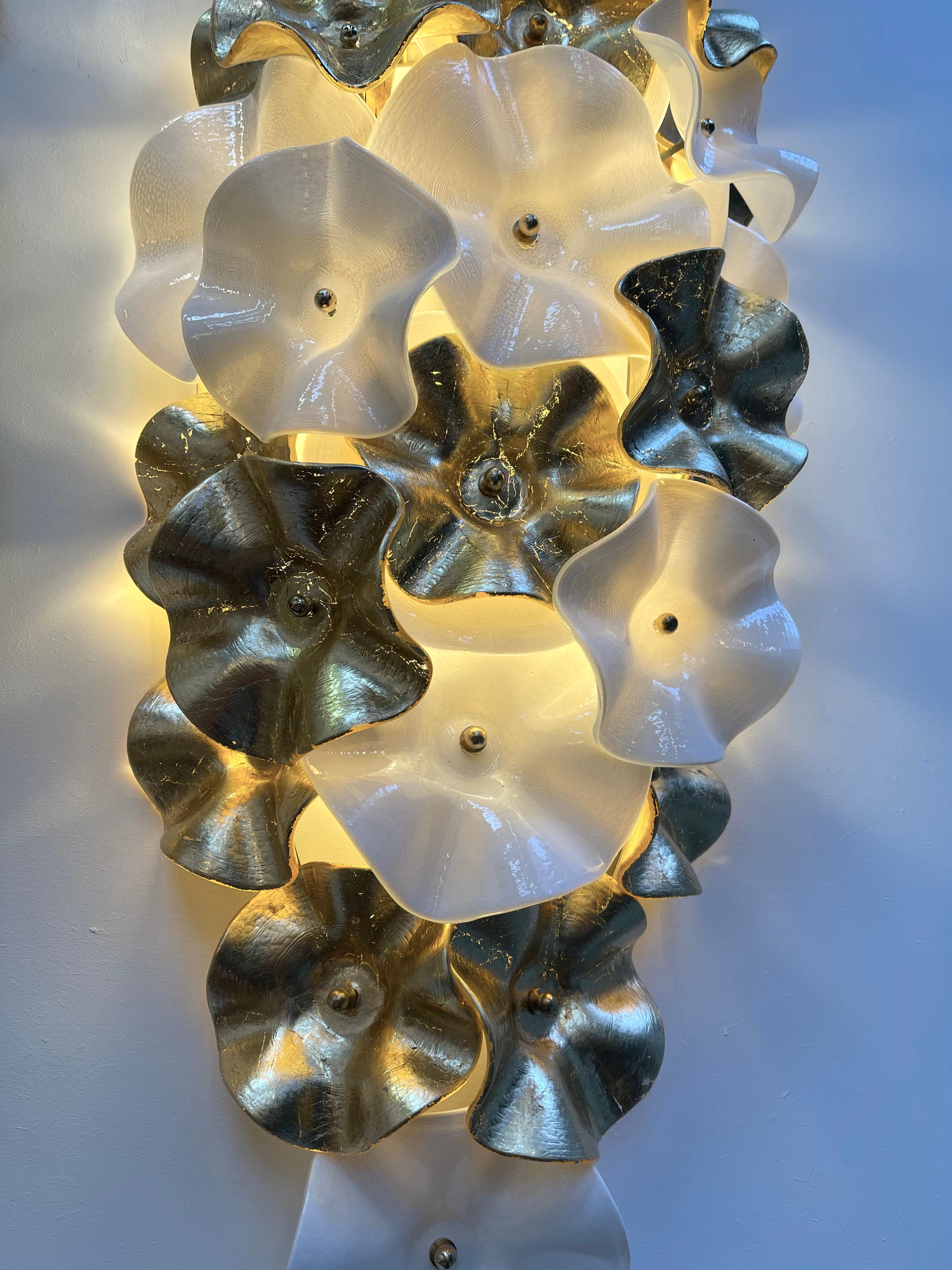 Mid-Century Modern Contemporary Pair of Murano Glass Flowers and Brass Sconces, Italy