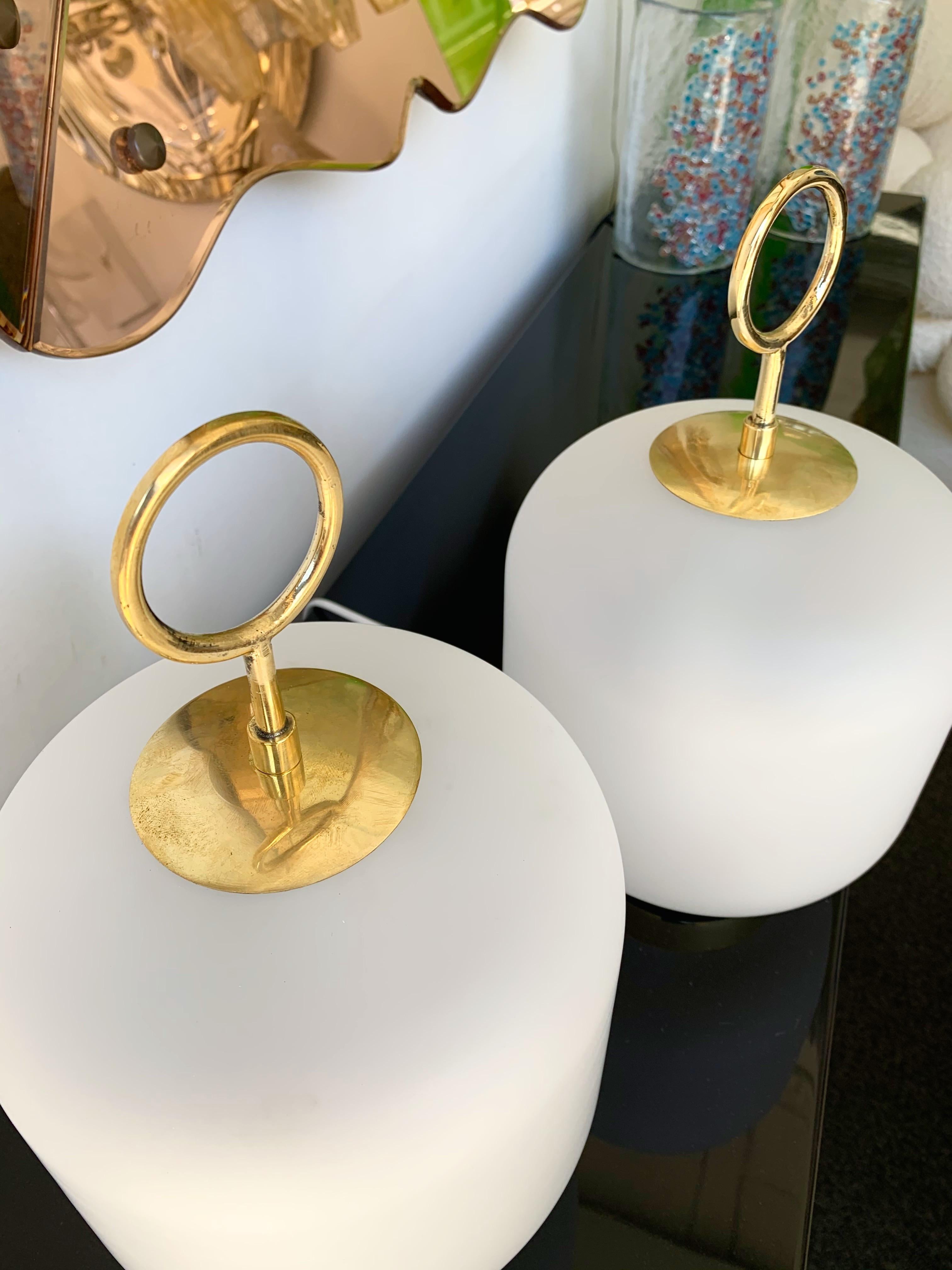 Italian Contemporary Pair of Murano Glass Medium Can Lamps Brass Ring, Italy