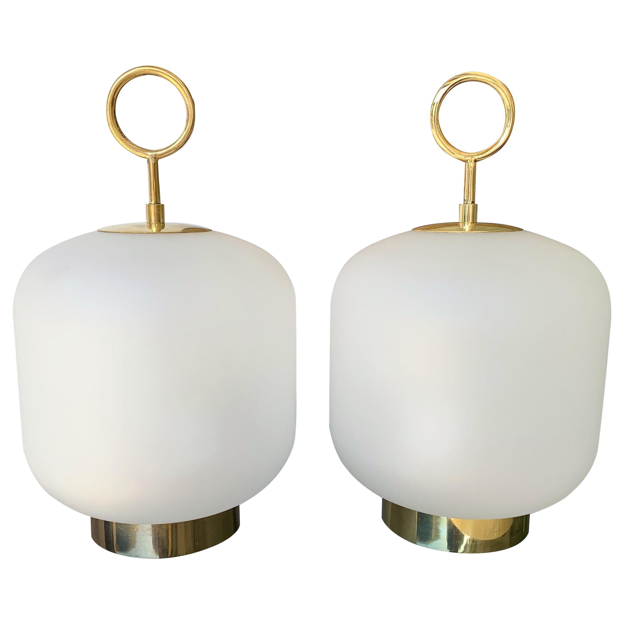 Contemporary Pair of Murano Glass Medium Can Lamps Brass Ring, Italy For Sale