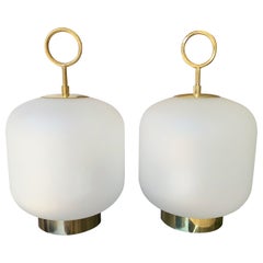 Contemporary Pair of Murano Glass Medium Can Lamps Brass Ring, Italy