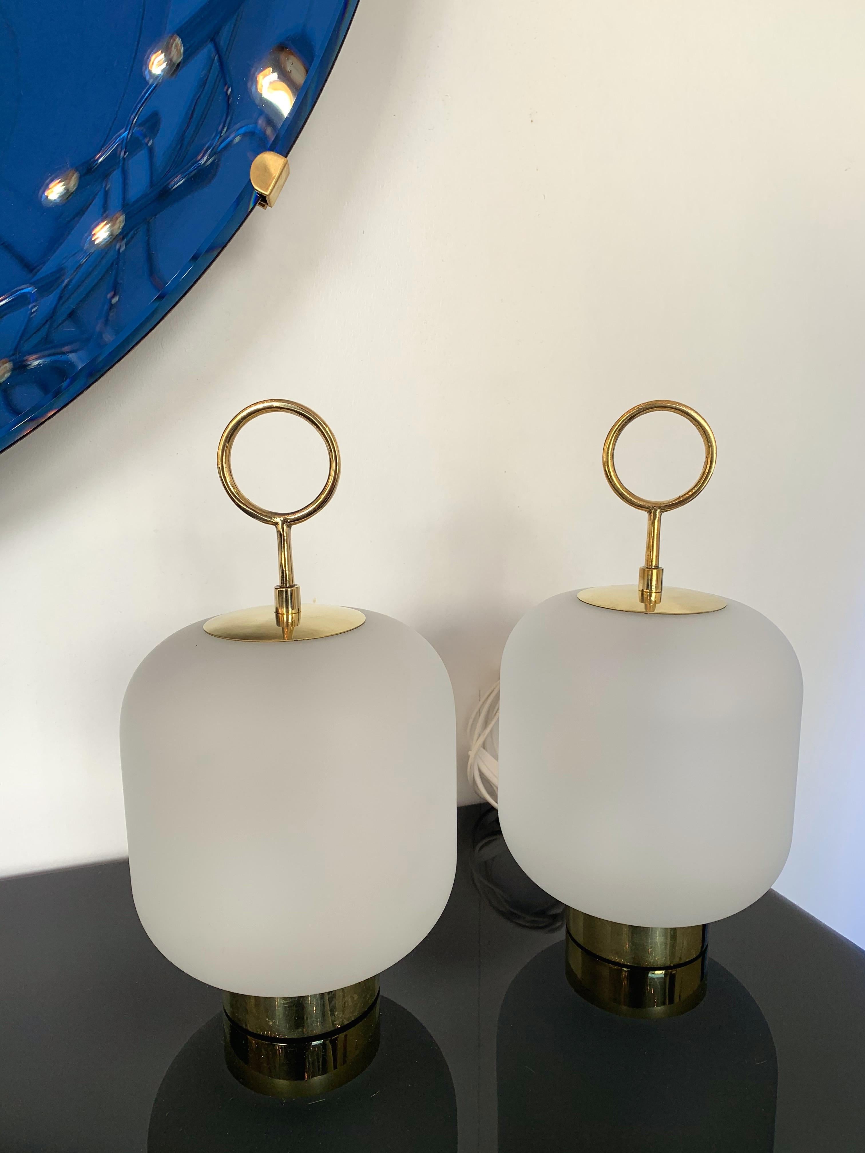 Mid-Century Modern Contemporary Pair of Murano Glass Small Can Lamps Brass Ring, Italy