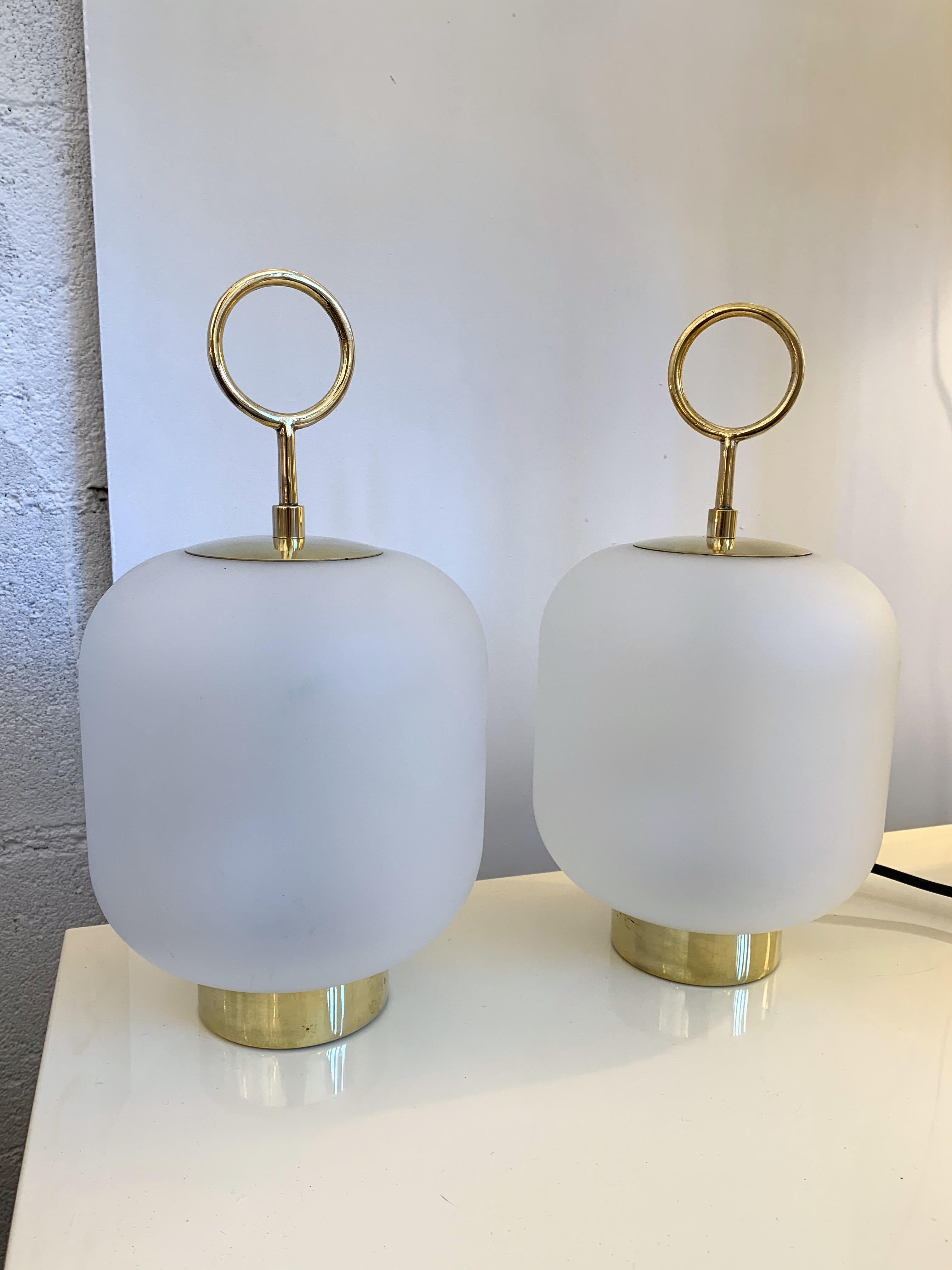 Italian Contemporary Pair of Murano Glass Small Can Lamps Brass Ring, Italy