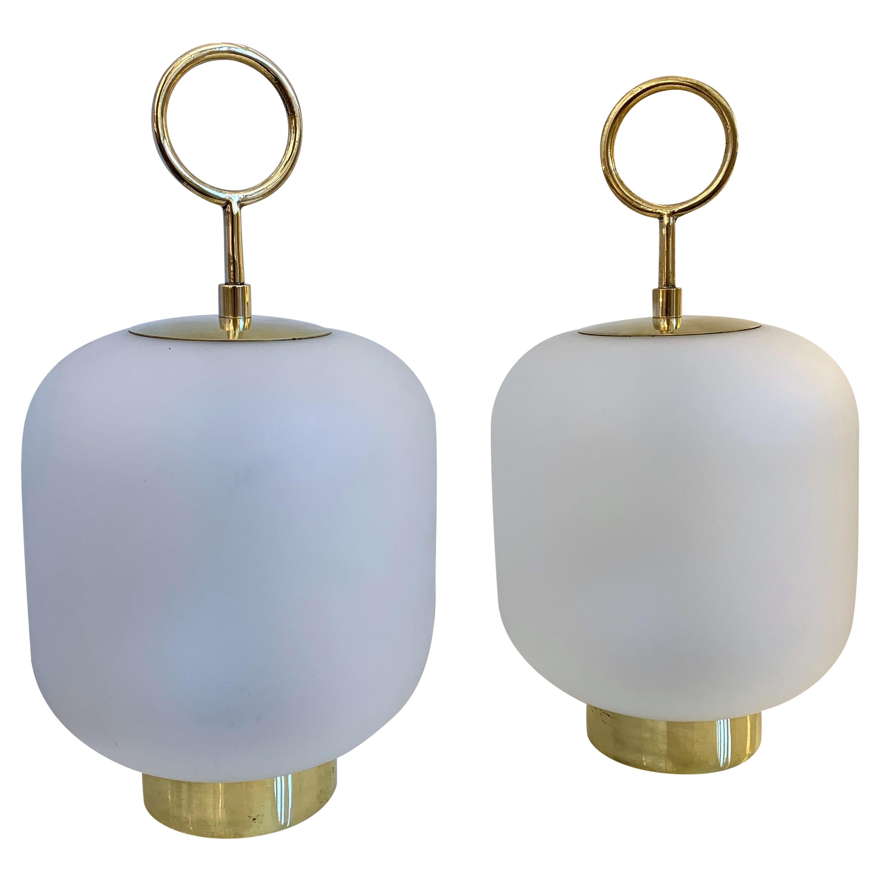 Contemporary Pair of Murano Glass Small Can Lamps Brass Ring, Italy