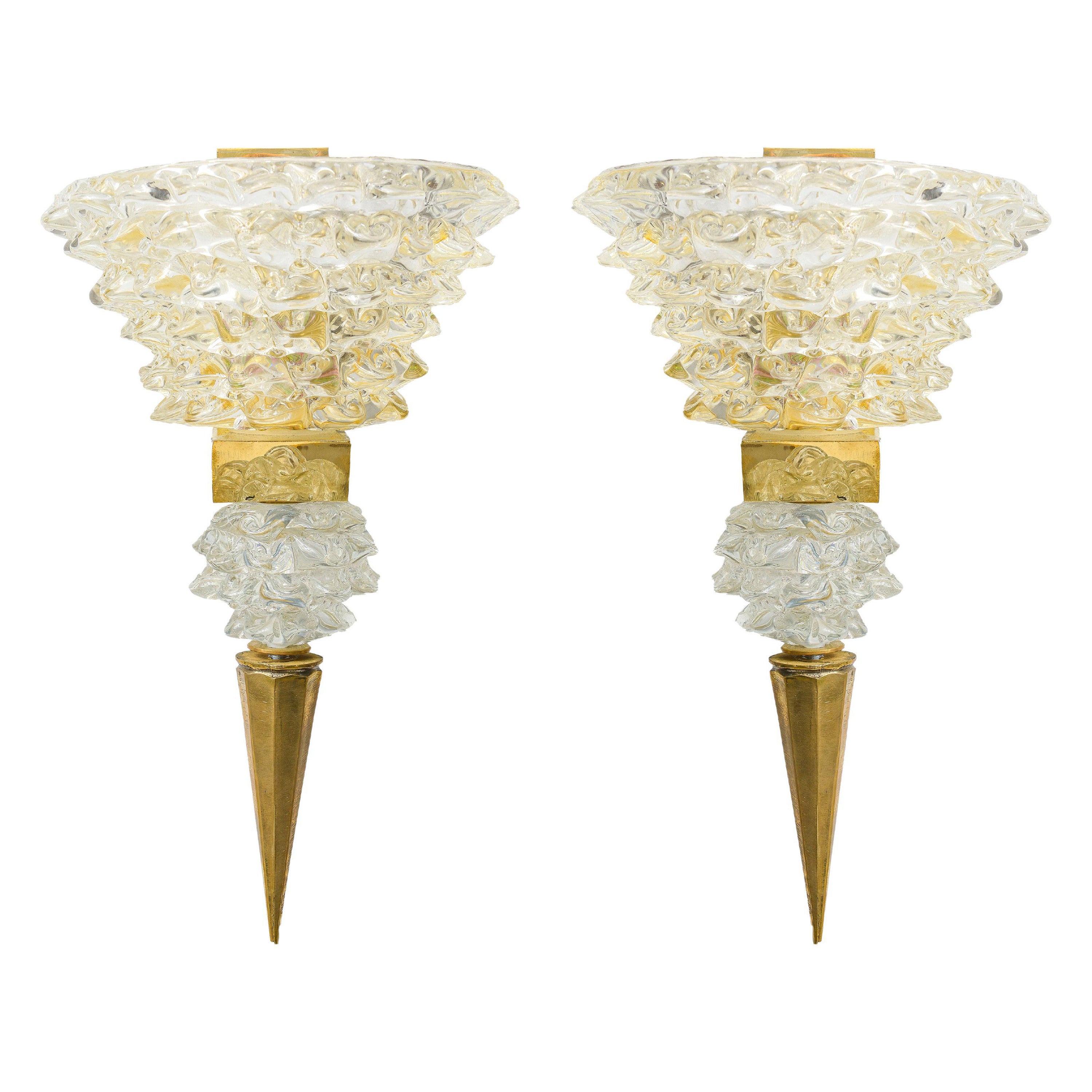 Pareja contemporánea de apliques de cristal rostrato de Murano, estilo Barovier Toso