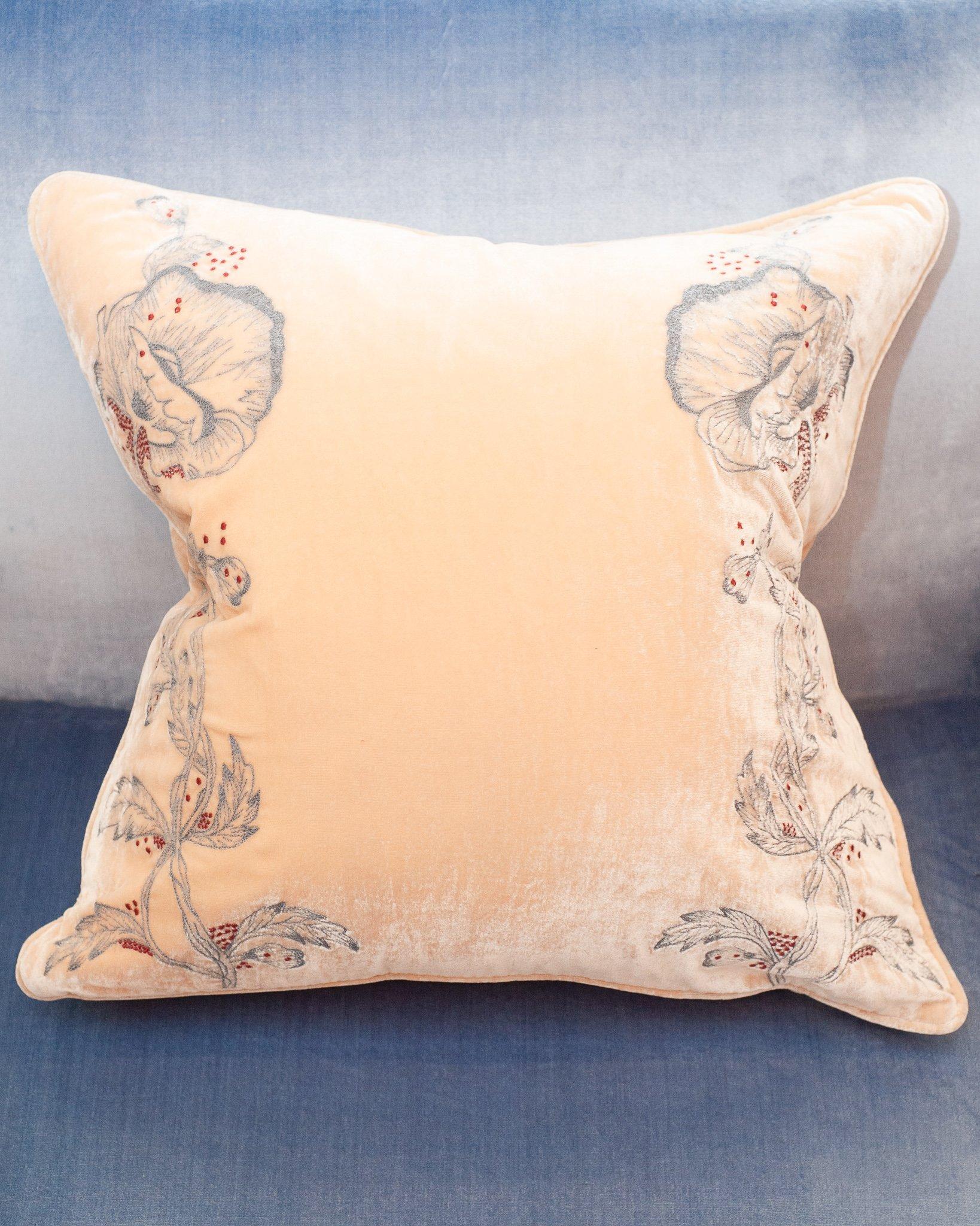 A pair of nude silk velvet floral-embroidered cushion from Anke Dreschel featuring floral embroidery, square shape and concealed rear zip fastening. Filled with 100% Canadian feather and down.