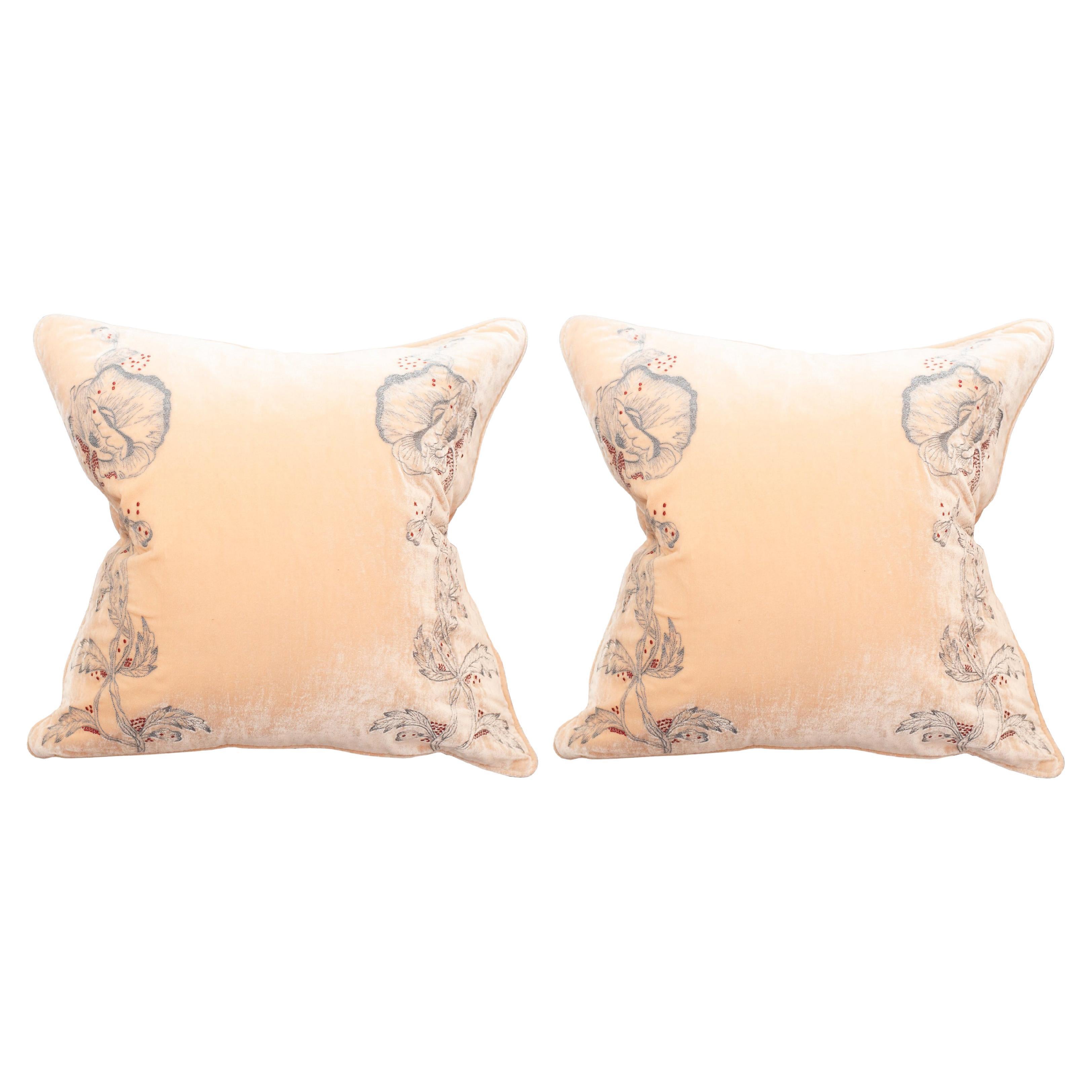 Contemporary Pair of Nude Silk Velvet Pillow with Floral Embroidery