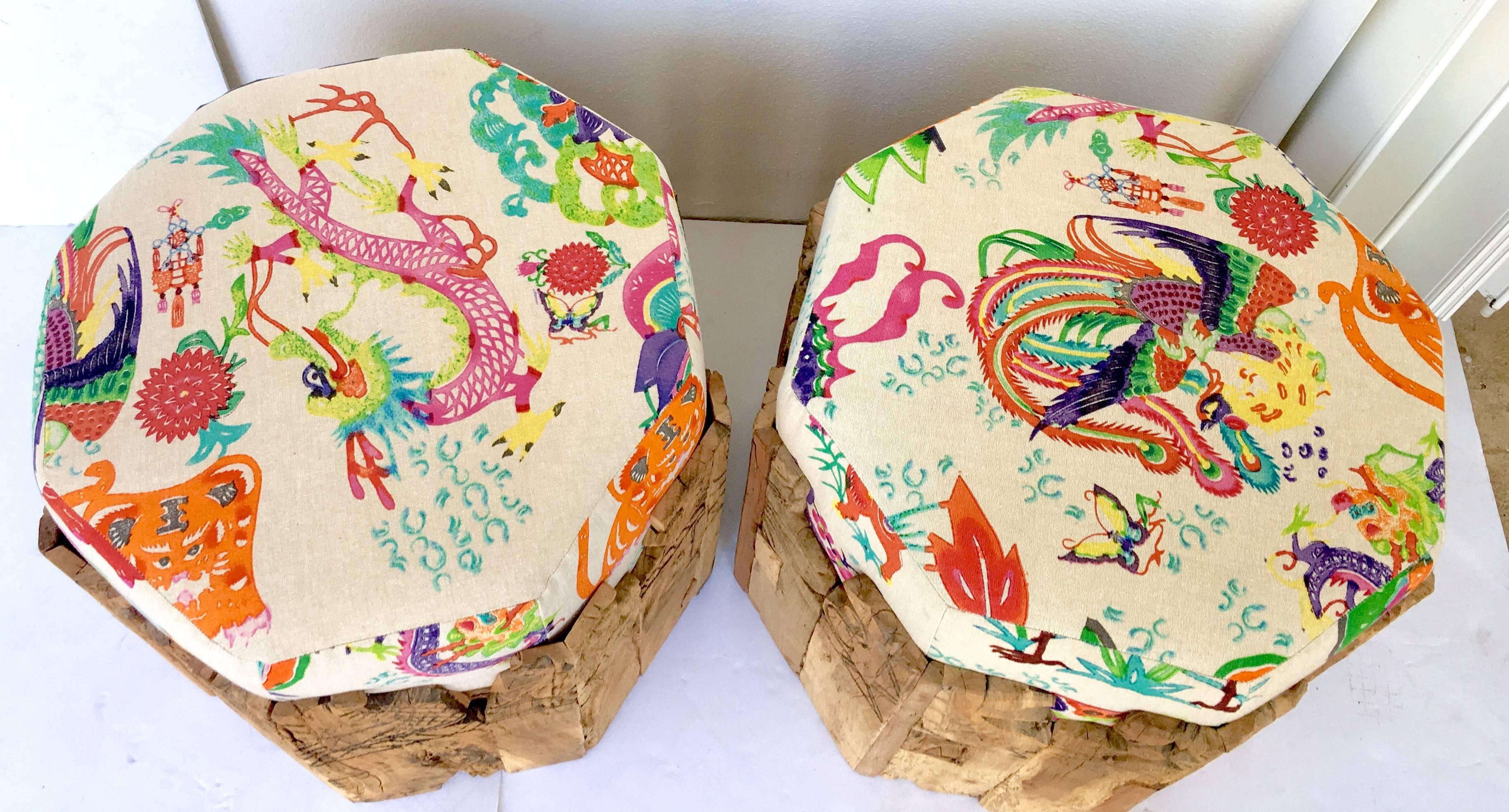 21st Century Contemporary Rare & New pair of carved wood and printed Belgian linen storage ottomans. These fantastic carved wood base ottoman's with upholstered seat cushion features 7