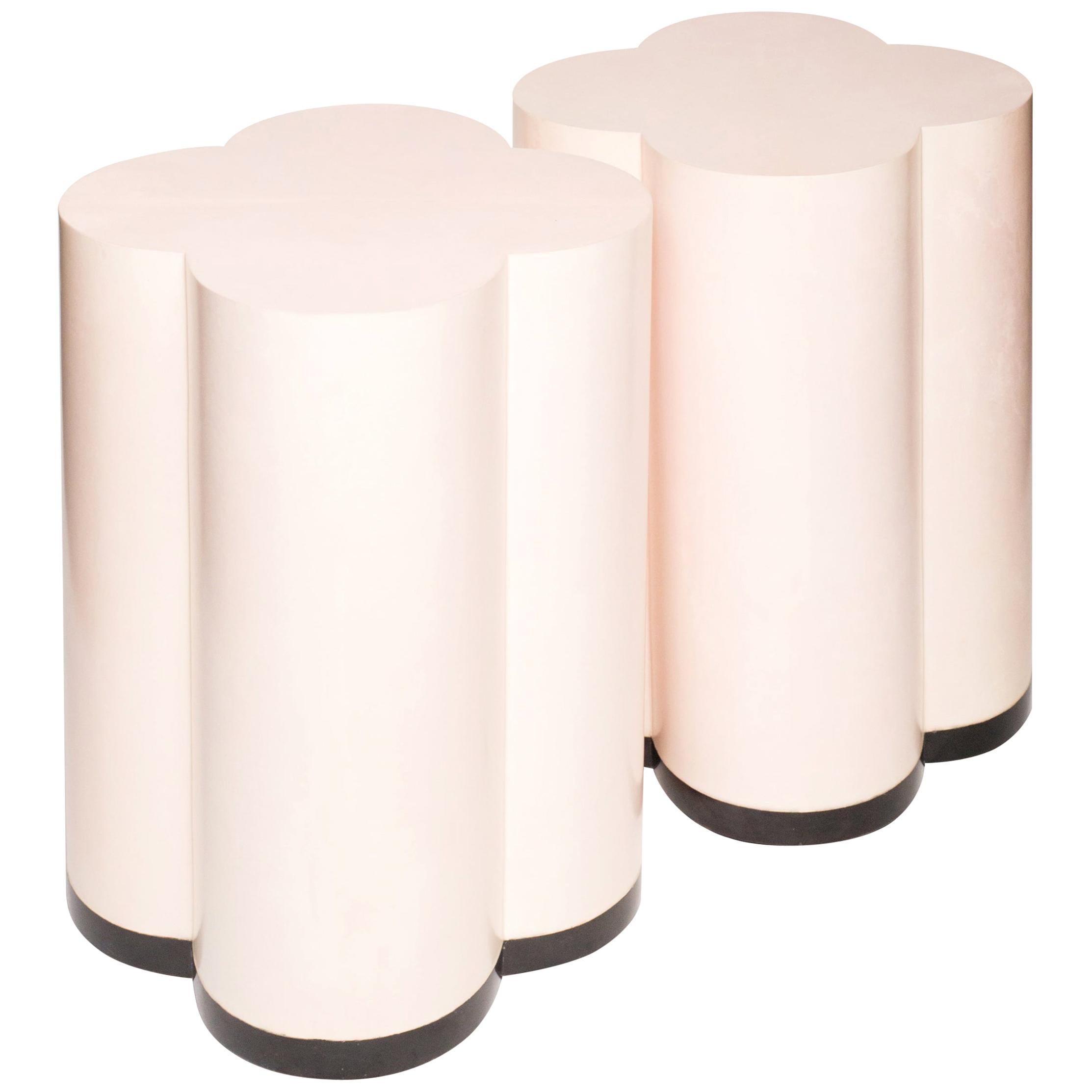 Contemporary Pair of Pale Pink Parchment Leather Clover Drum Tables For Sale