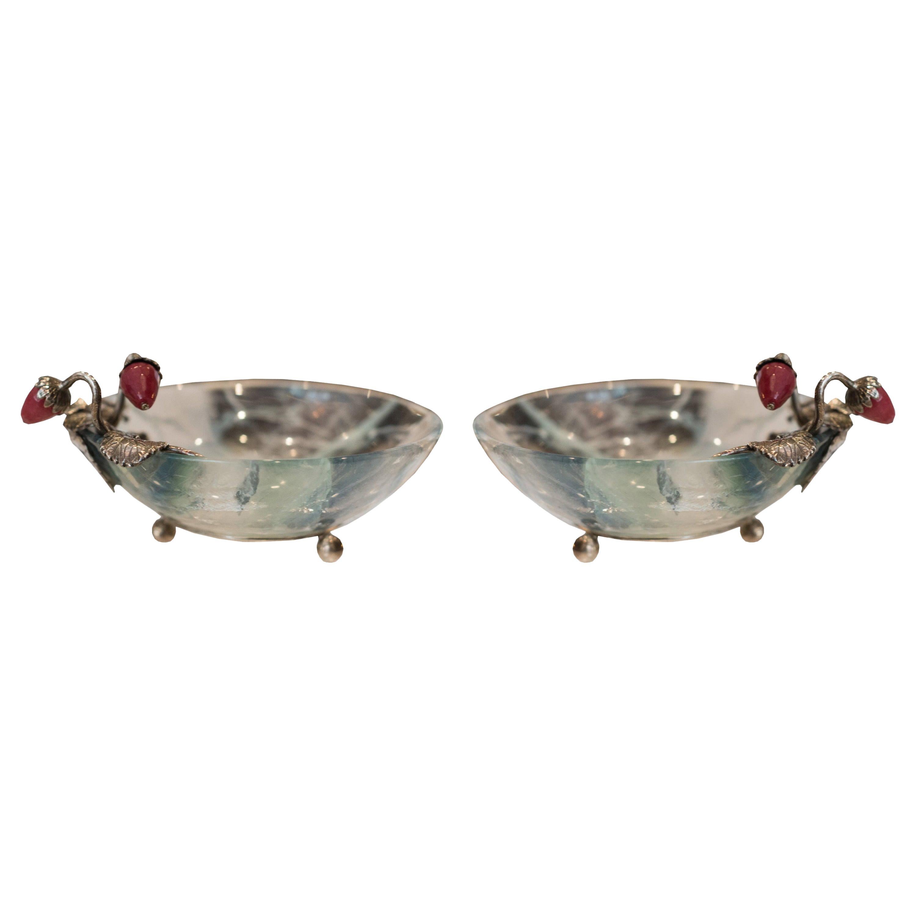 Contemporary Pair of Pestelli Fluorite Bowls with Silver Leaves & Stone Berries