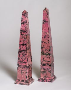 Contemporary Pair of Pink and Black Rhodonite Stone Obelisks