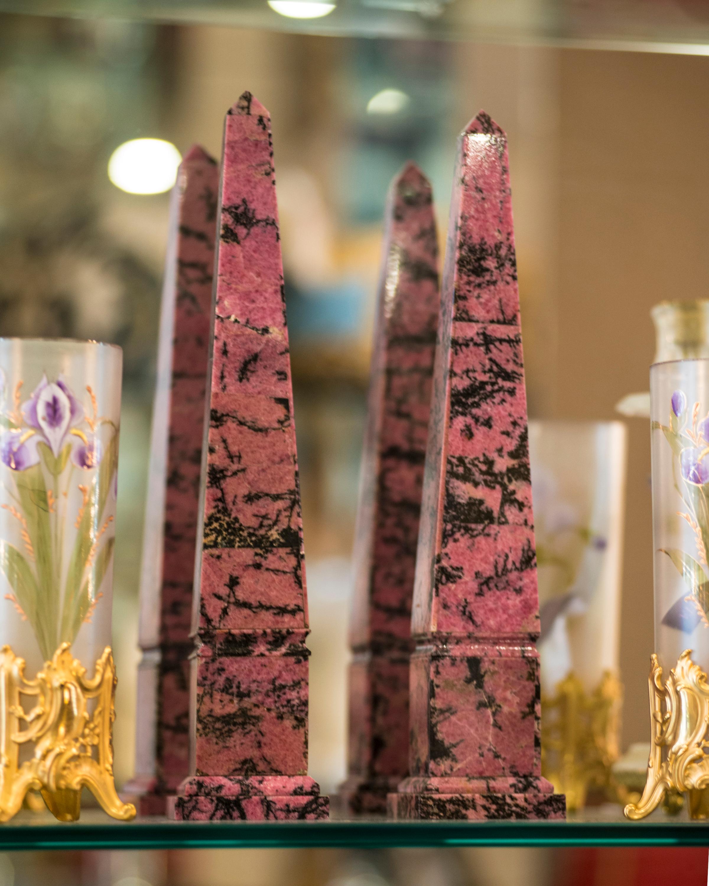 American Contemporary Pair of Pink and Black Rhodonite Stone Obelisks For Sale