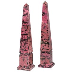 Contemporary Pair of Pink and Black Rhodonite Stone Obelisks