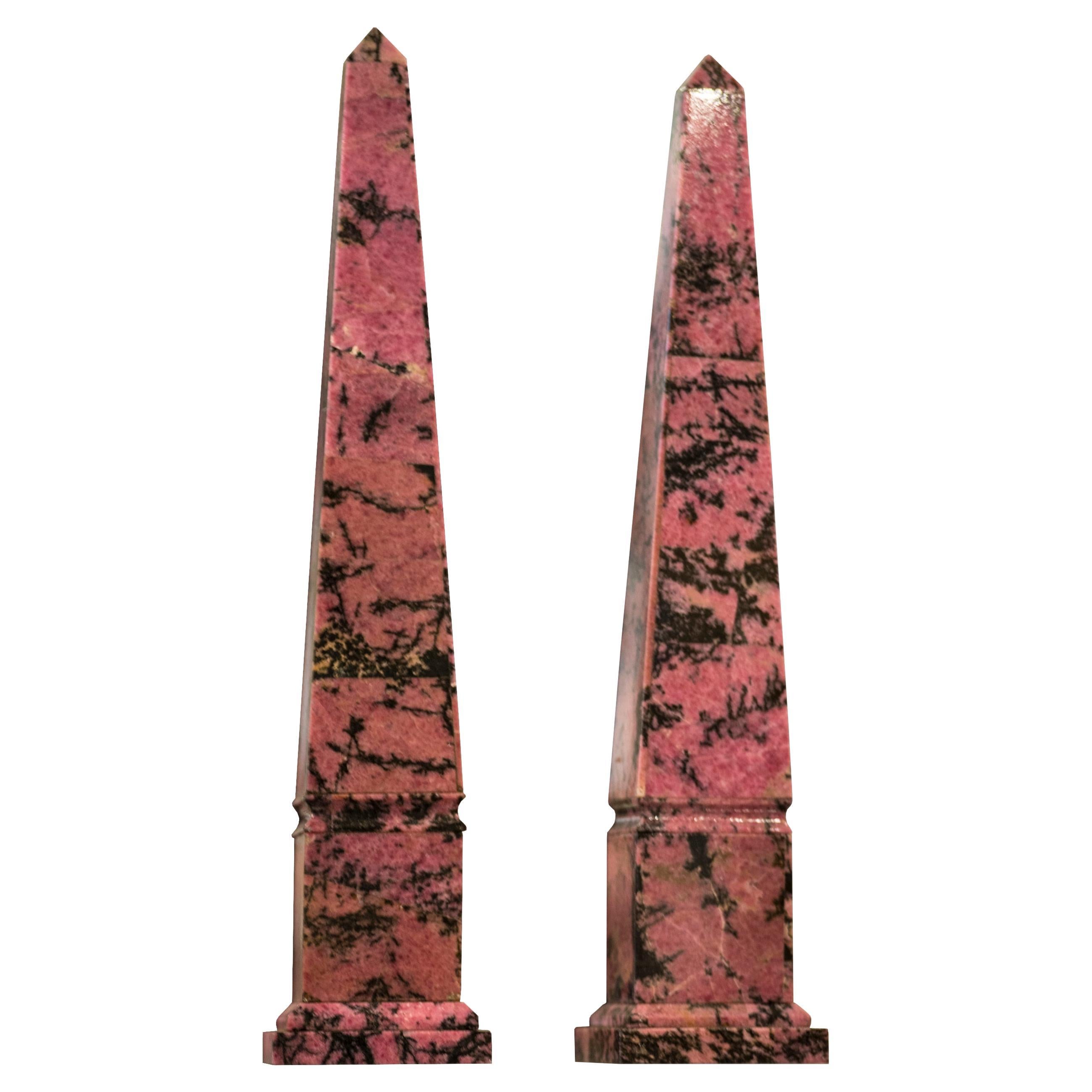 Contemporary Pair of Pink and Black Rhodonite Stone Obelisks