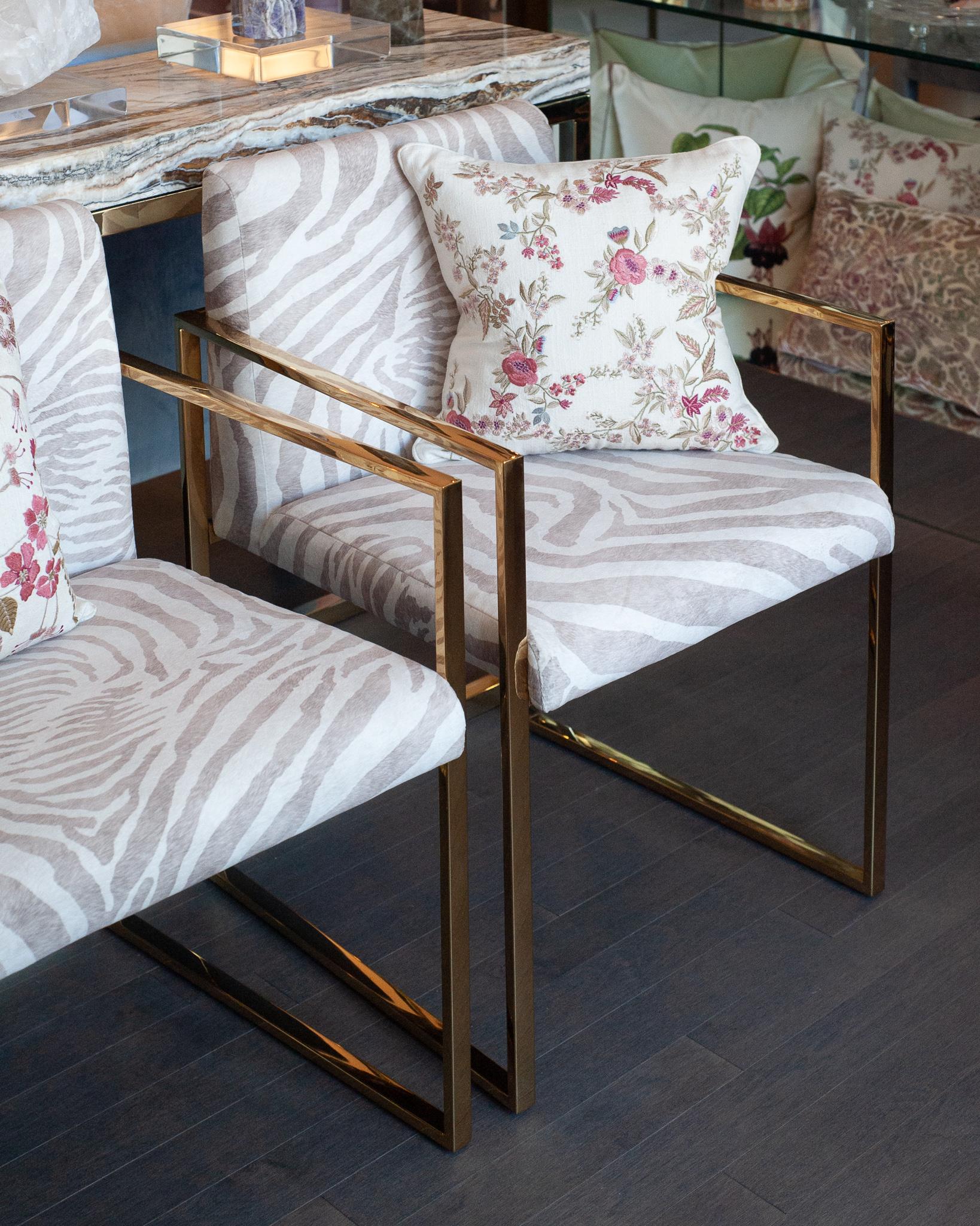 American Contemporary Pair of Polished Brass and Zebra-Print Fabric Upholstered Armchairs For Sale