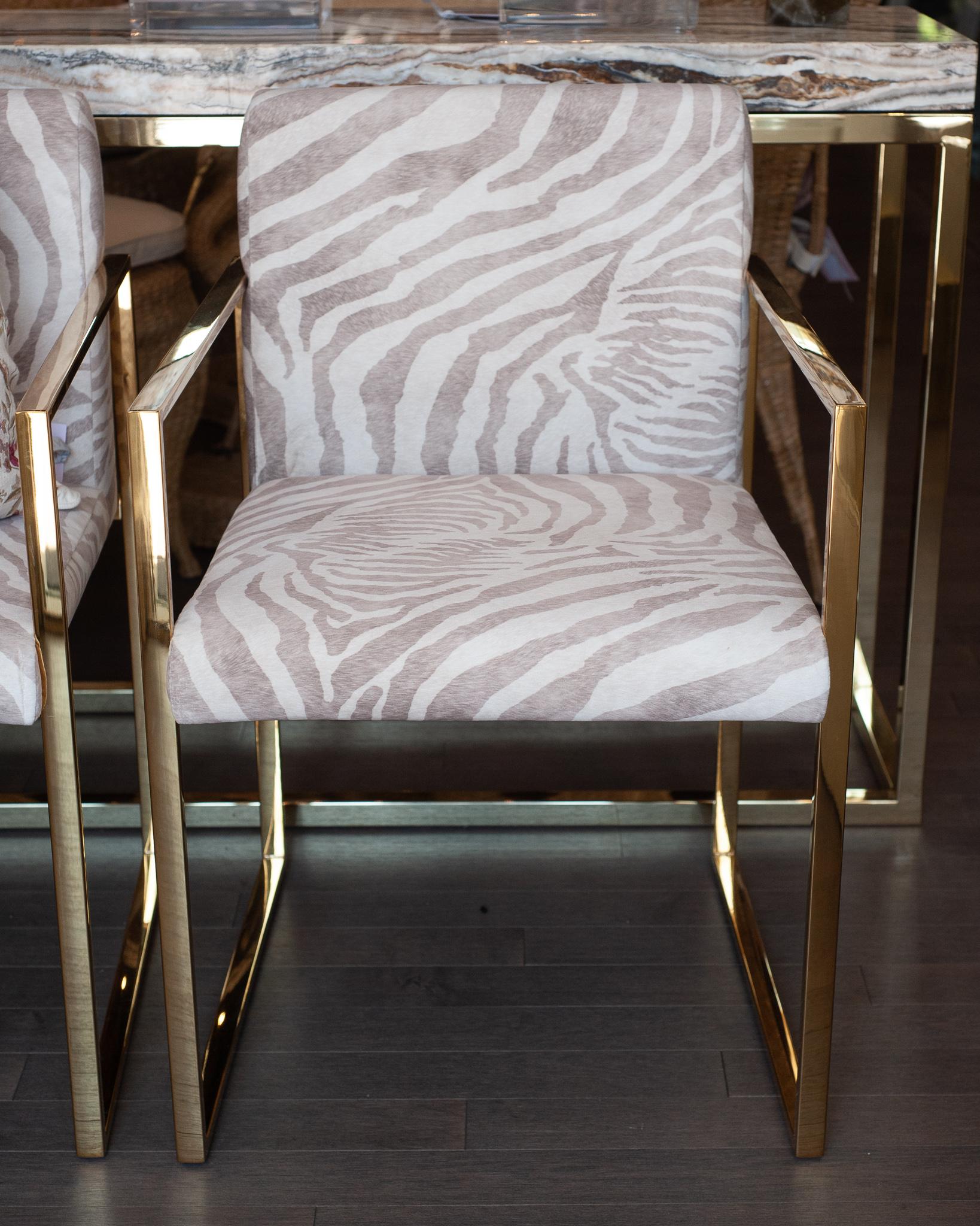 Contemporary Pair of Polished Brass and Zebra-Print Fabric Upholstered Armchairs In New Condition For Sale In Toronto, ON