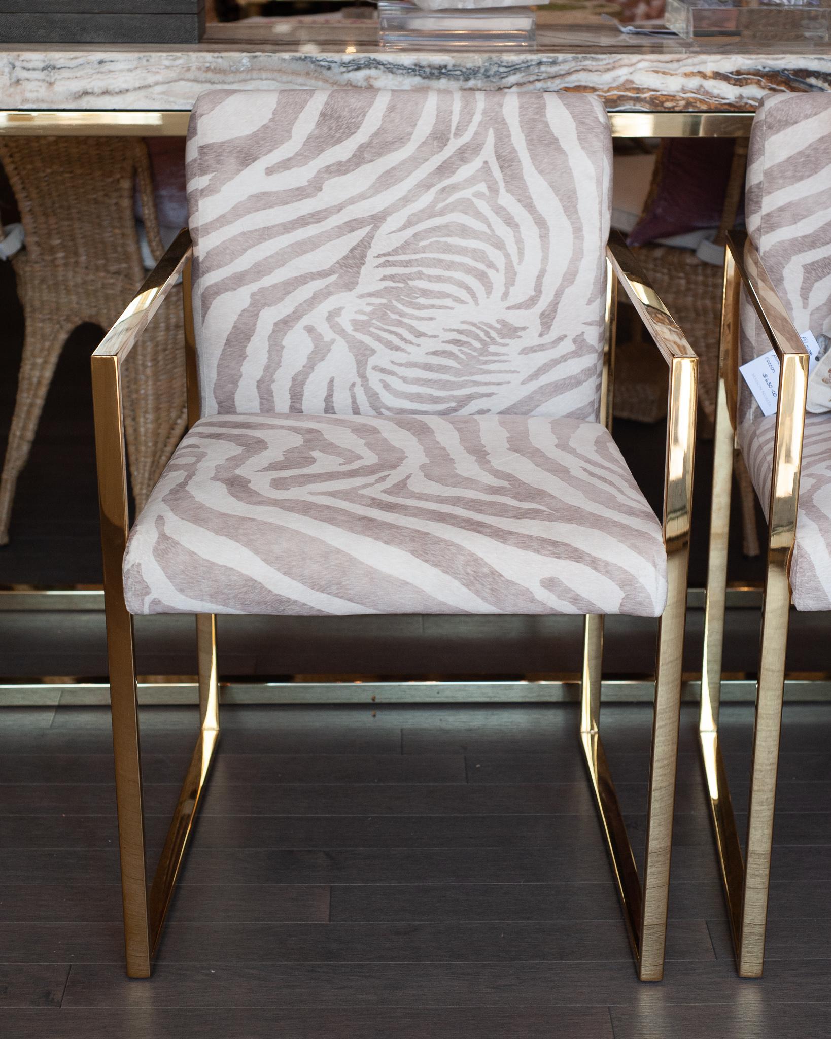 Contemporary Pair of Polished Brass and Zebra-Print Fabric Upholstered Armchairs For Sale 1