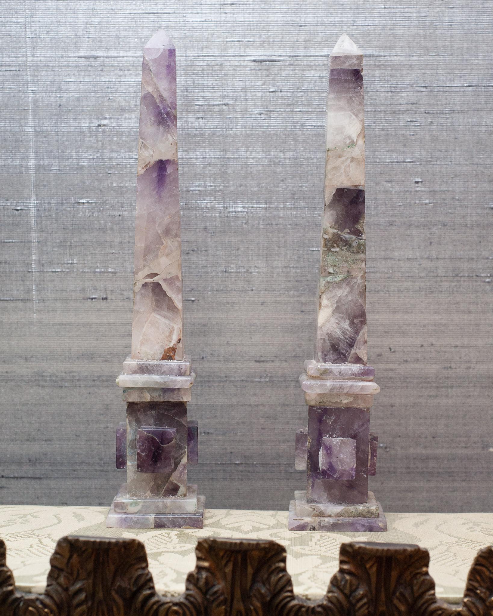 French Contemporary Pair of Purple Amethyst Stone Obelisks For Sale