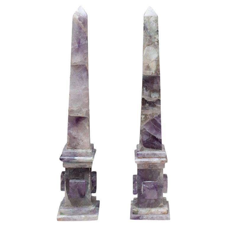 Contemporary Pair of Purple Amethyst Stone Obelisks For Sale