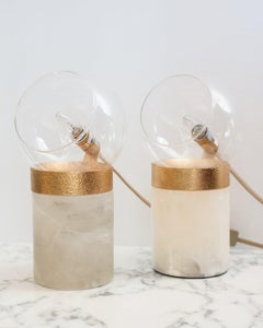 Contemporary Pair of White and Gold Quartz Lamps with Glass Domes