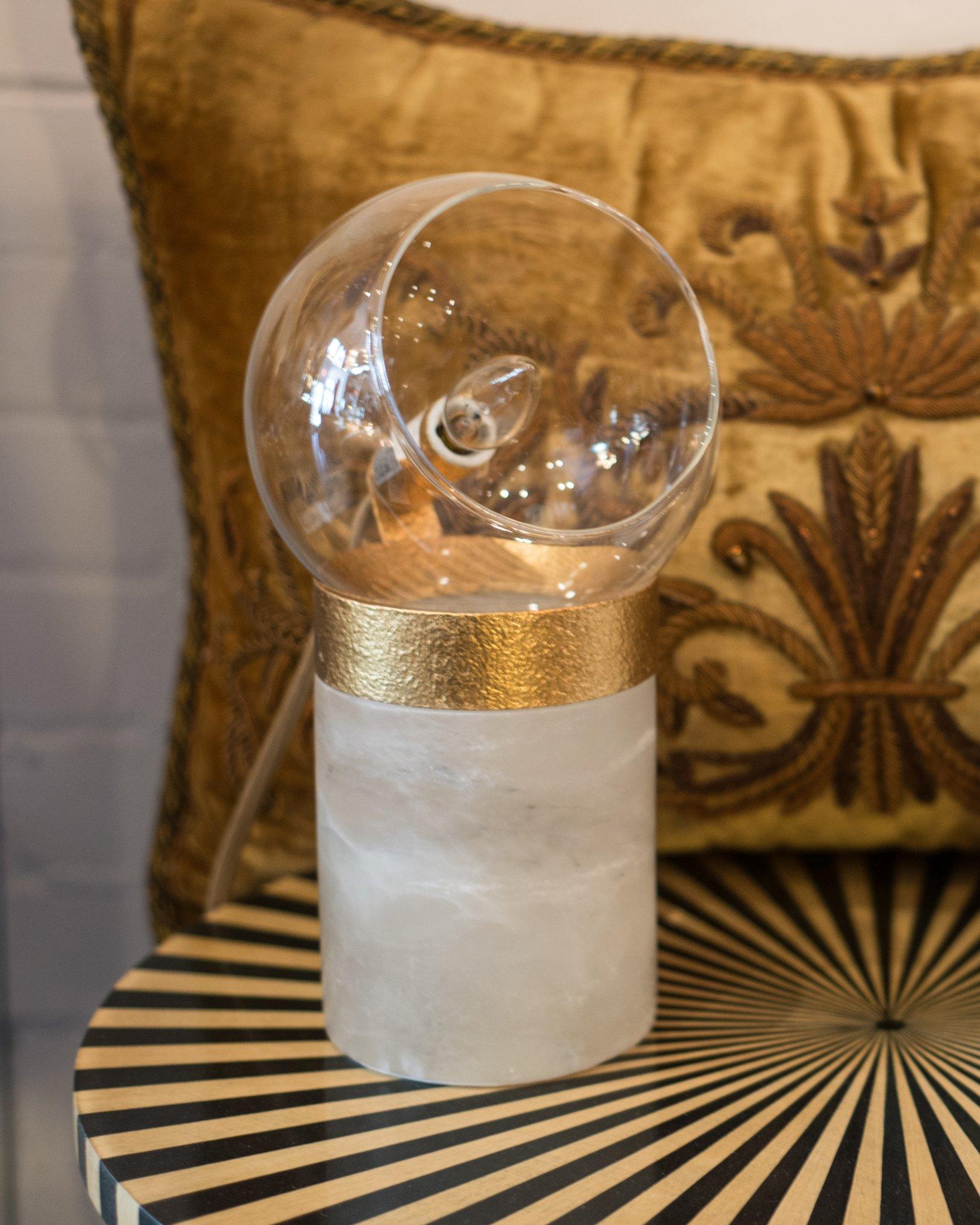 Brazilian Contemporary Pair of White and Gold Quartz Lamps with Glass Domes