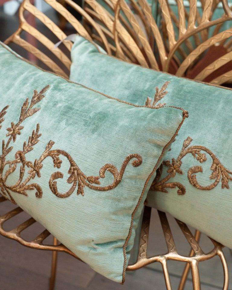 American Contemporary Pair of Rebecca Vizard Aqua Blue Velvet Pillows with Embroidery For Sale