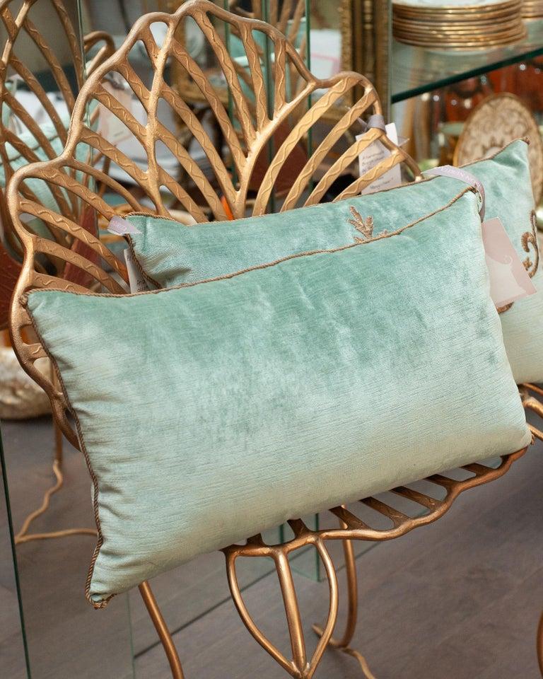 Embroidered Contemporary Pair of Rebecca Vizard Aqua Blue Velvet Pillows with Embroidery For Sale