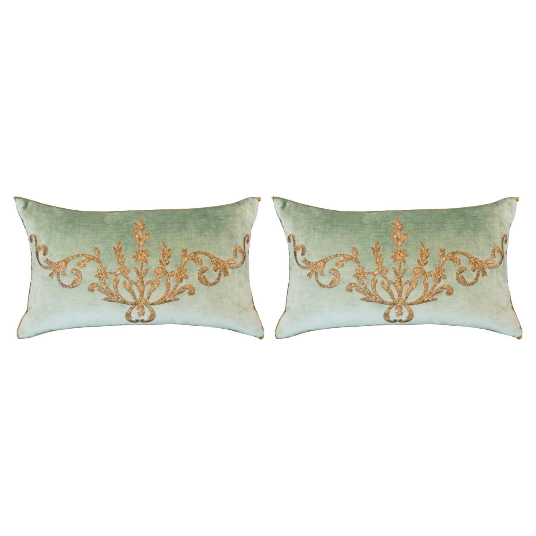 Contemporary Pair of Rebecca Vizard Aqua Blue Velvet Pillows with Embroidery For Sale