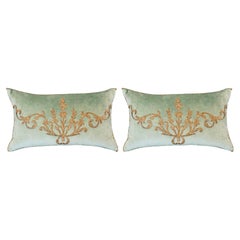 Contemporary Pair of Rebecca Vizard Aqua Blue Velvet Pillows with Embroidery