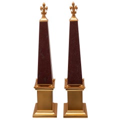 Contemporary Pair of Red Marble and Bronze Obelisks