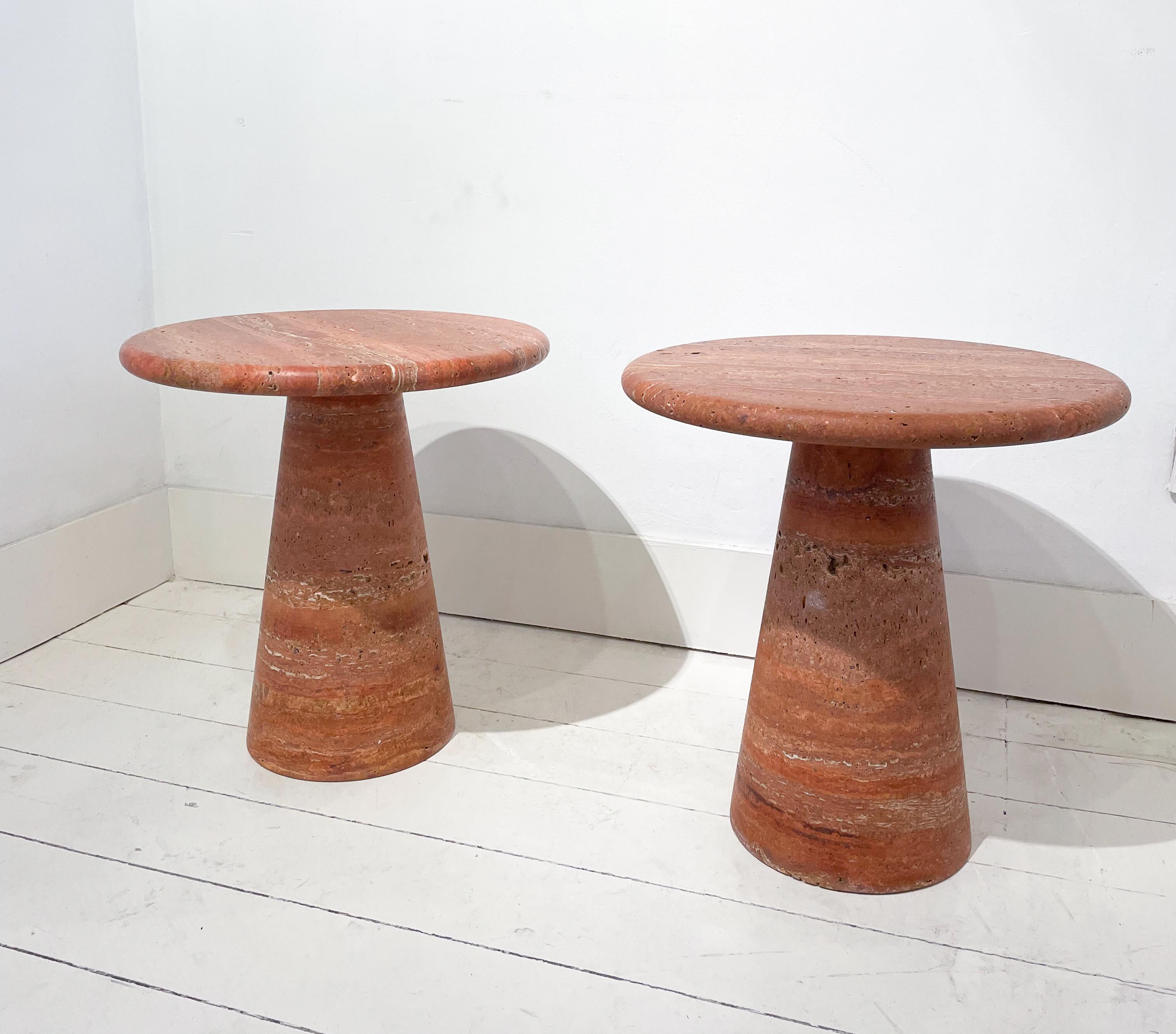 Contemporary Pair of Red Travertine Side Tables, Italy.
