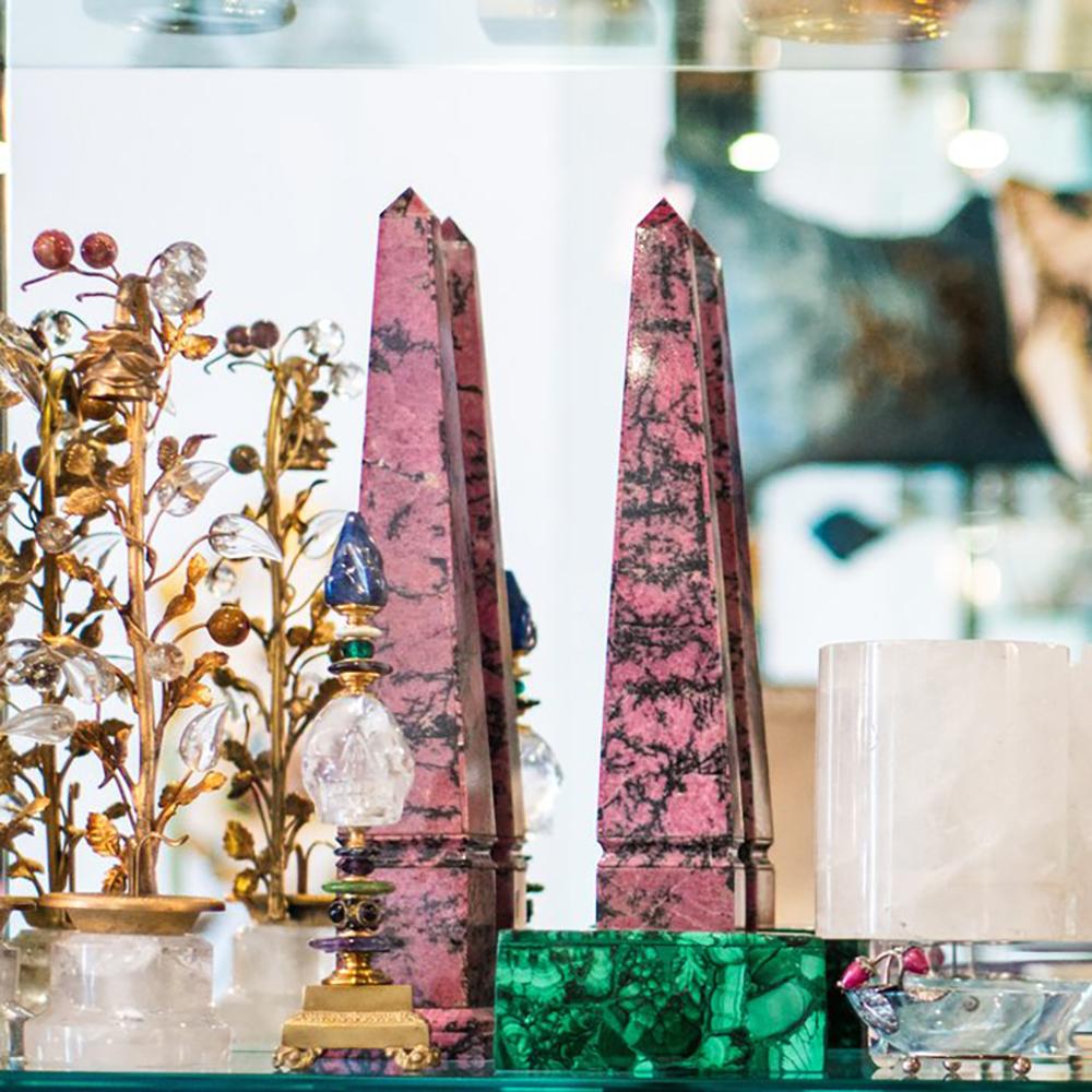 American Contemporary Pair of Pink and Black Rhodonite Stone Obelisks For Sale