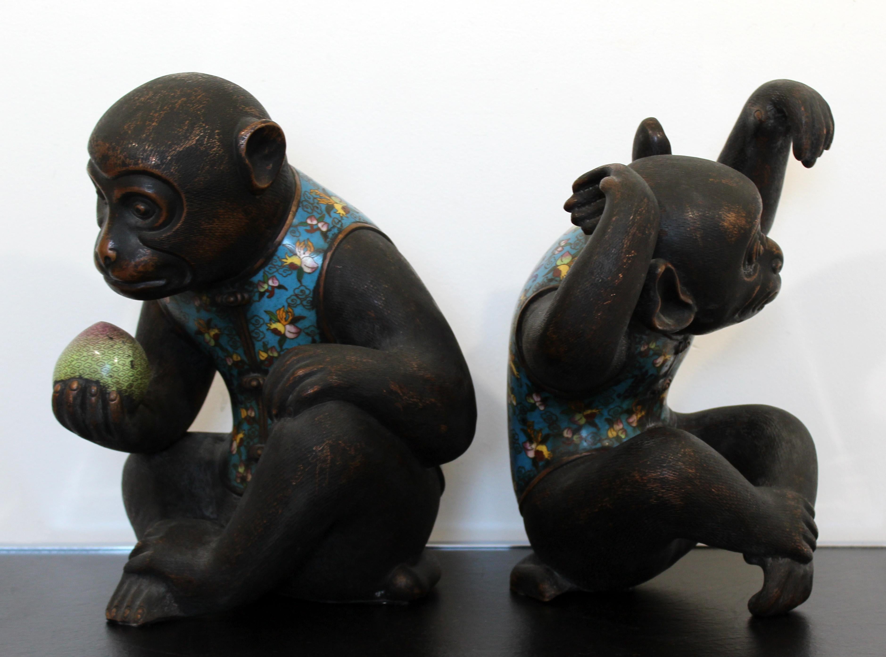 Contemporary Pair of Robert Kuo Metal Cloisonné Monkey Table Sculptures Blue 7
