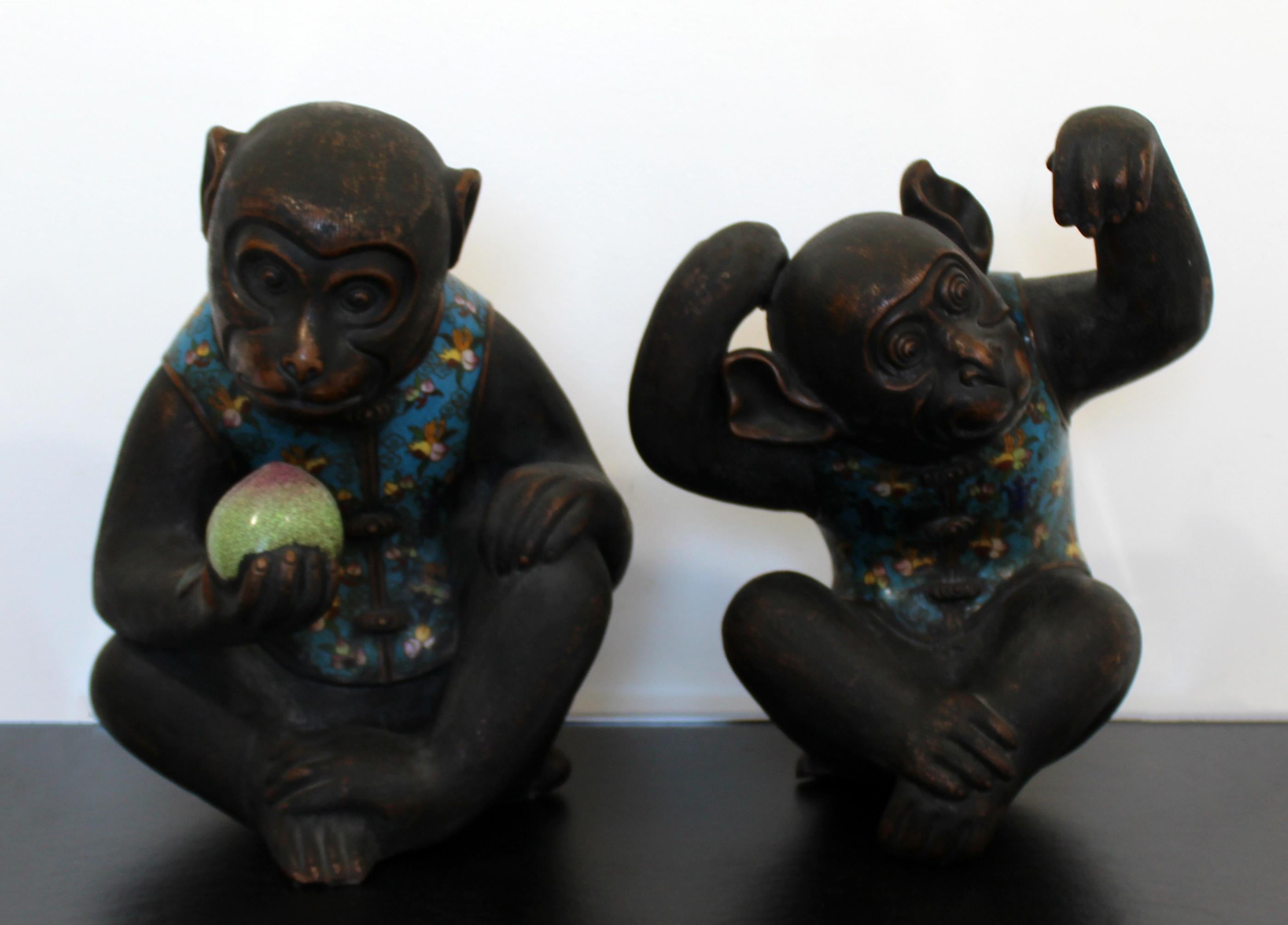 Contemporary Pair of Robert Kuo Metal Cloisonné Monkey Table Sculptures Blue In Good Condition In Keego Harbor, MI