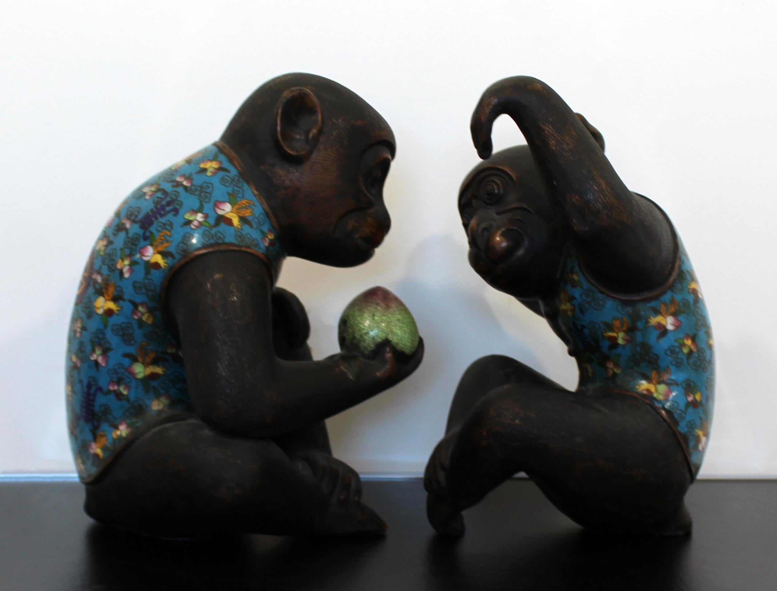 Contemporary Pair of Robert Kuo Metal Cloisonné Monkey Table Sculptures Blue 1