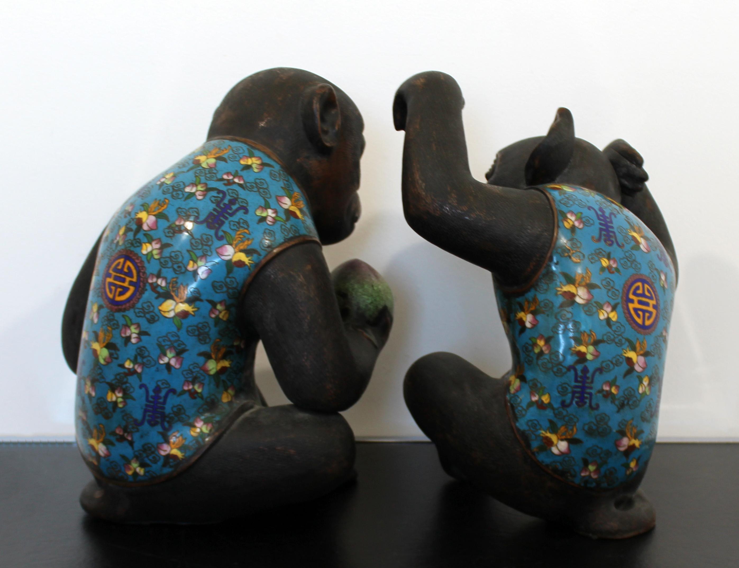 Contemporary Pair of Robert Kuo Metal Cloisonné Monkey Table Sculptures Blue 2