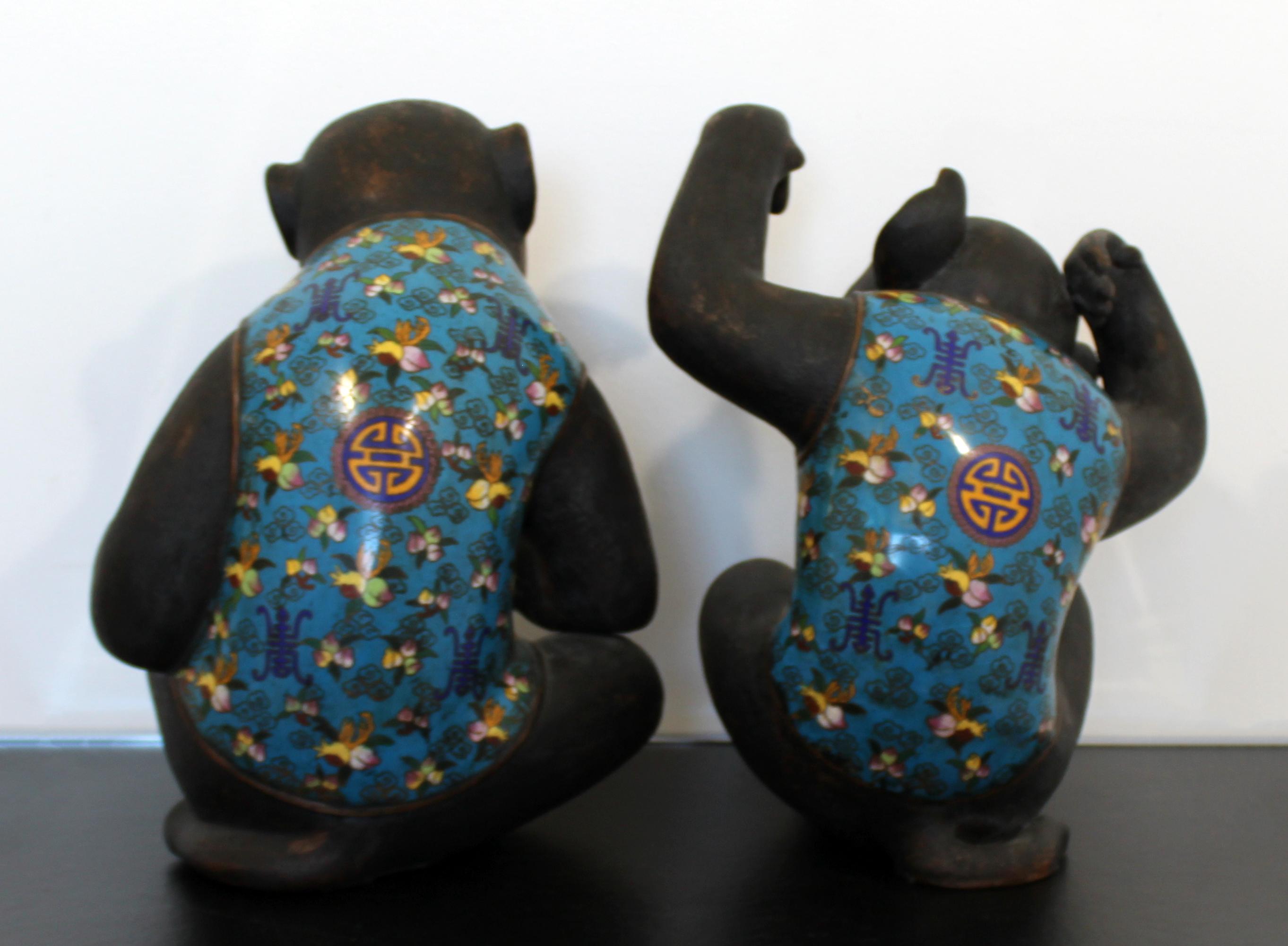 Contemporary Pair of Robert Kuo Metal Cloisonné Monkey Table Sculptures Blue 3