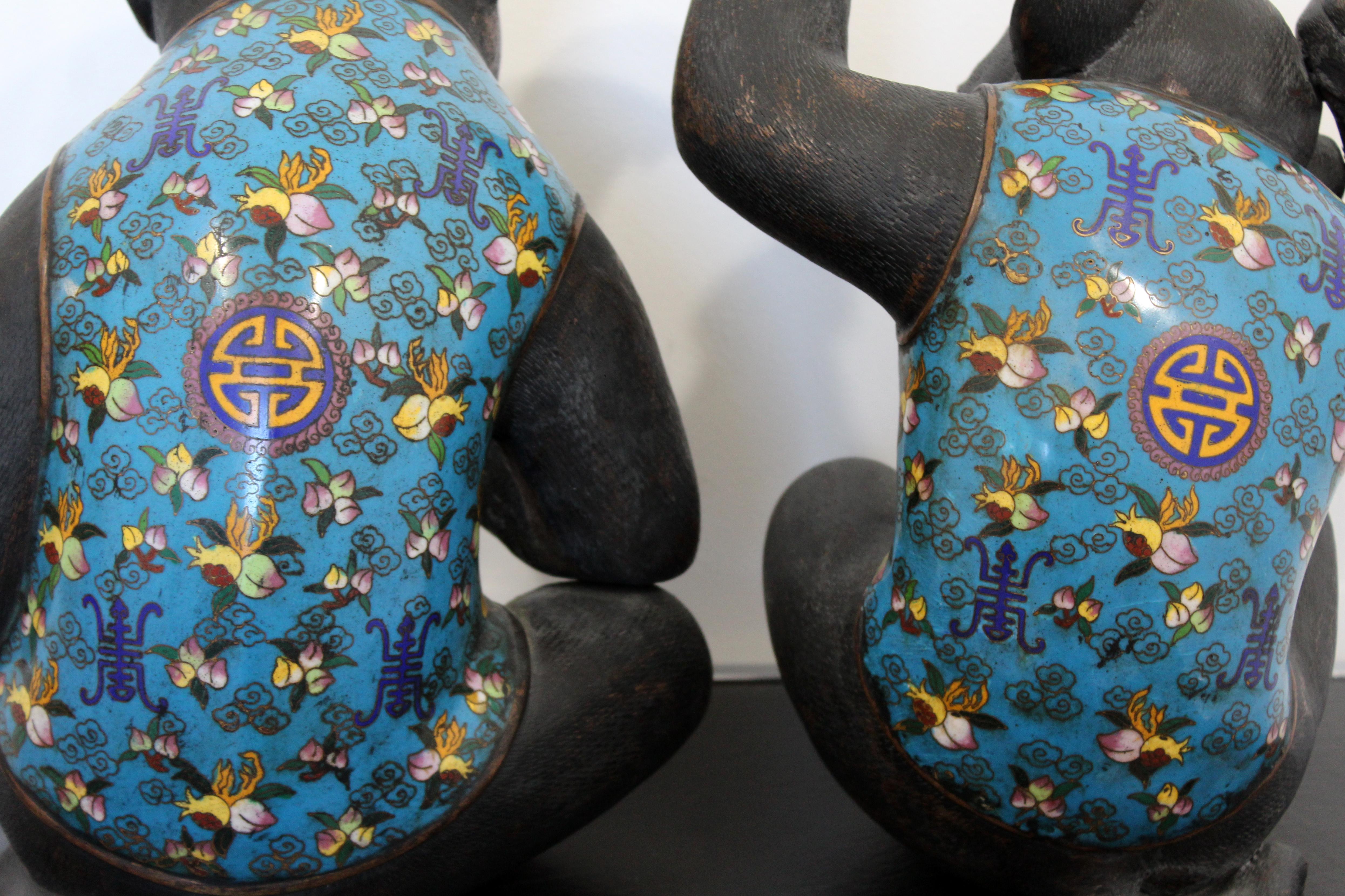Contemporary Pair of Robert Kuo Metal Cloisonné Monkey Table Sculptures Blue 4