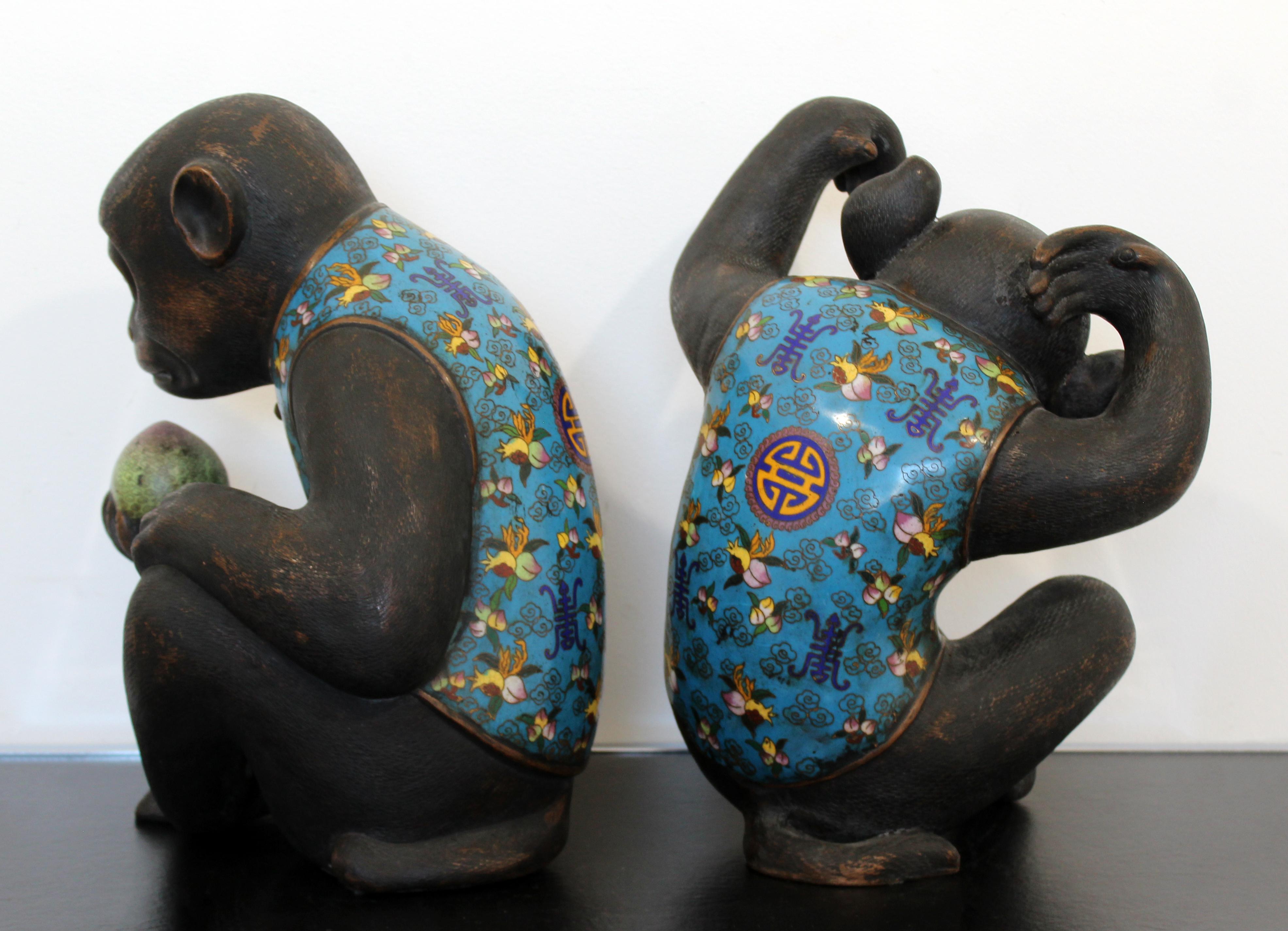 Contemporary Pair of Robert Kuo Metal Cloisonné Monkey Table Sculptures Blue 6