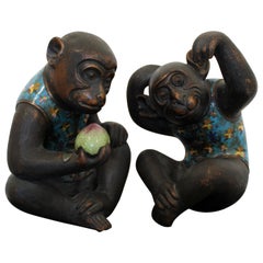 Contemporary Pair of Robert Kuo Metal Cloisonné Monkey Table Sculptures Blue