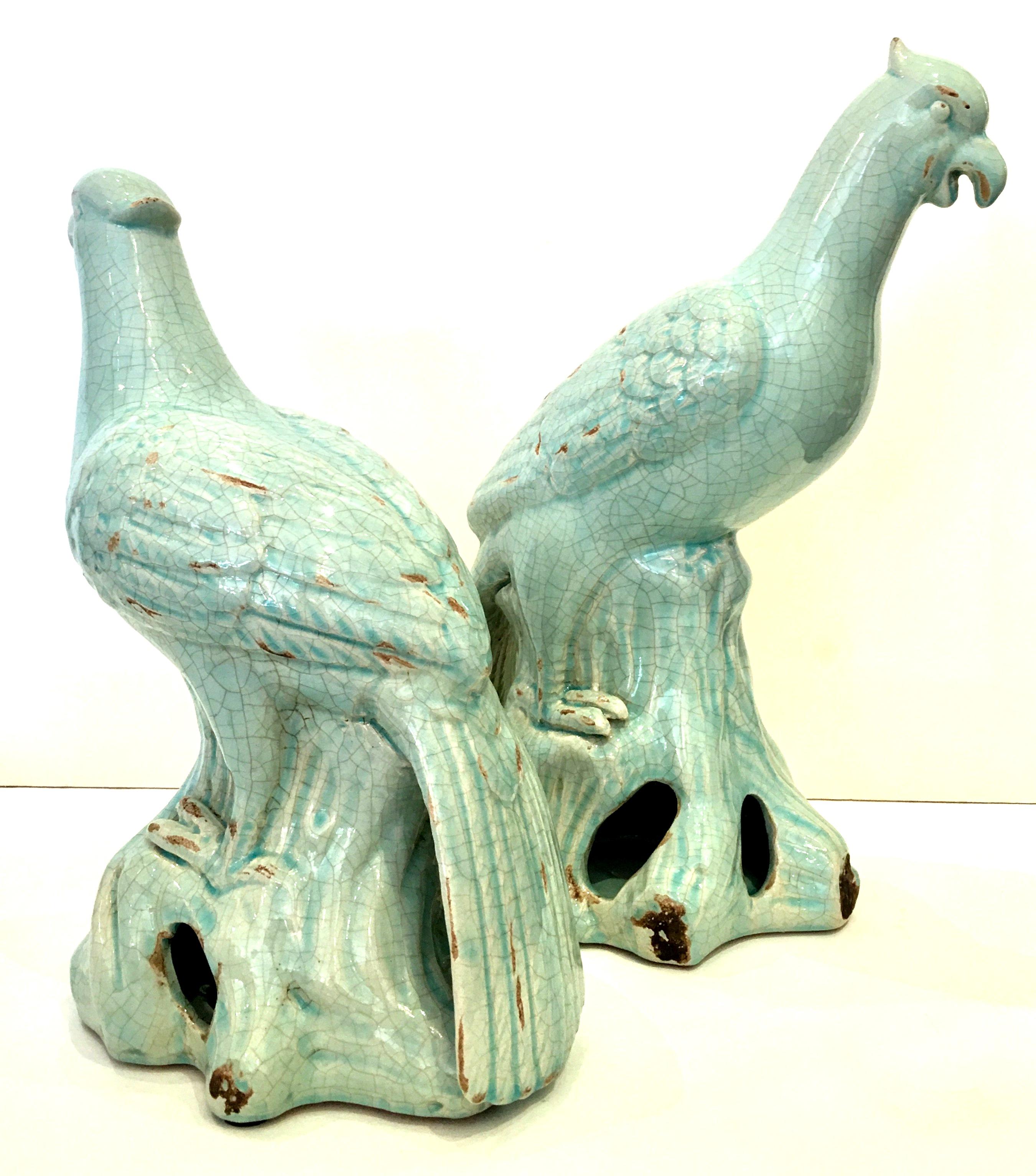 Asian 21st Century Pair Of Robins Egg Blue Ceramic Glaze Bird Sculptures