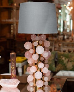 Contemporary Pair of Rose Quartz Spheres Lamps with Grey Silk Shades