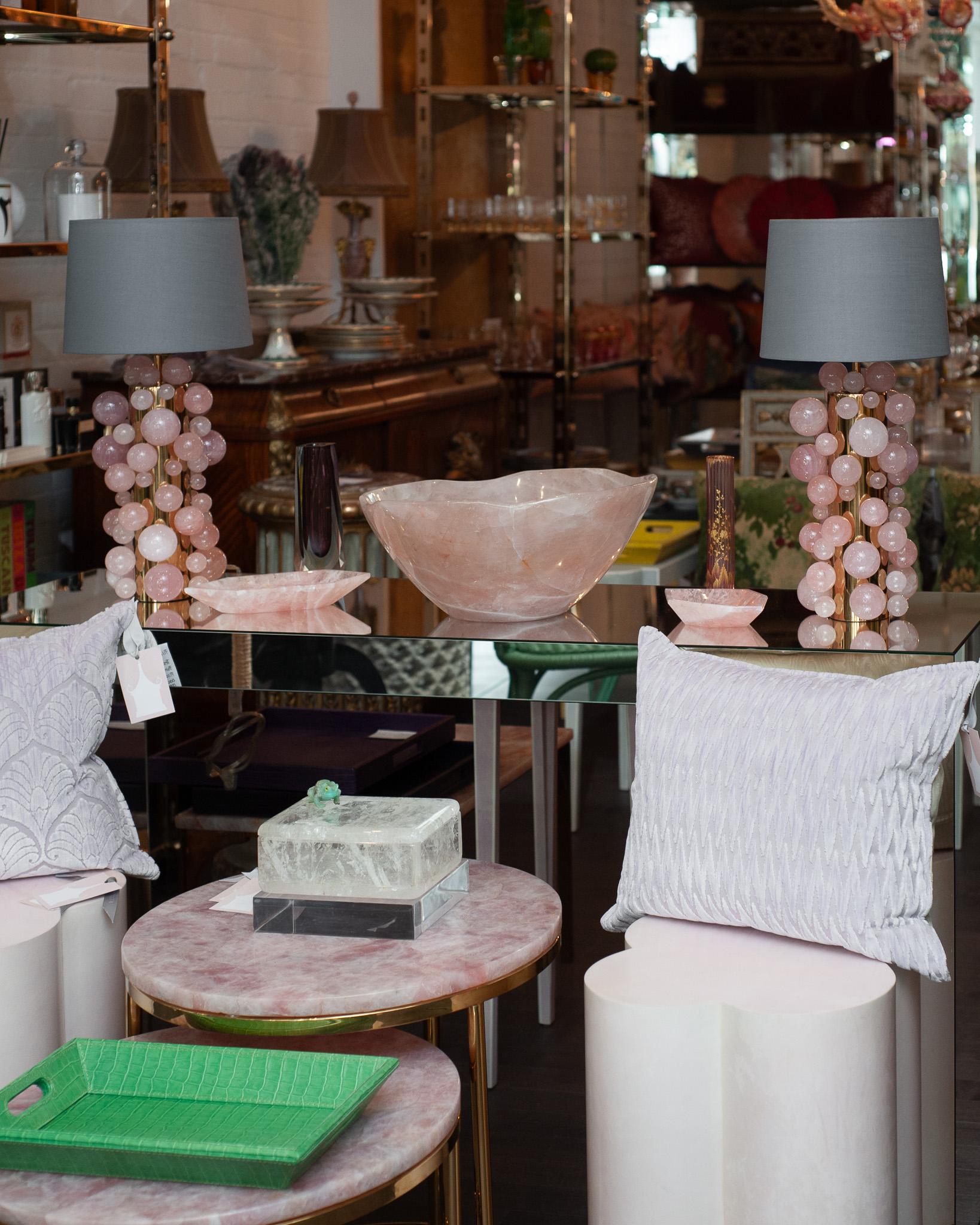American Contemporary Pair of Rose Quartz Spheres Lamps with Grey Silk Shades