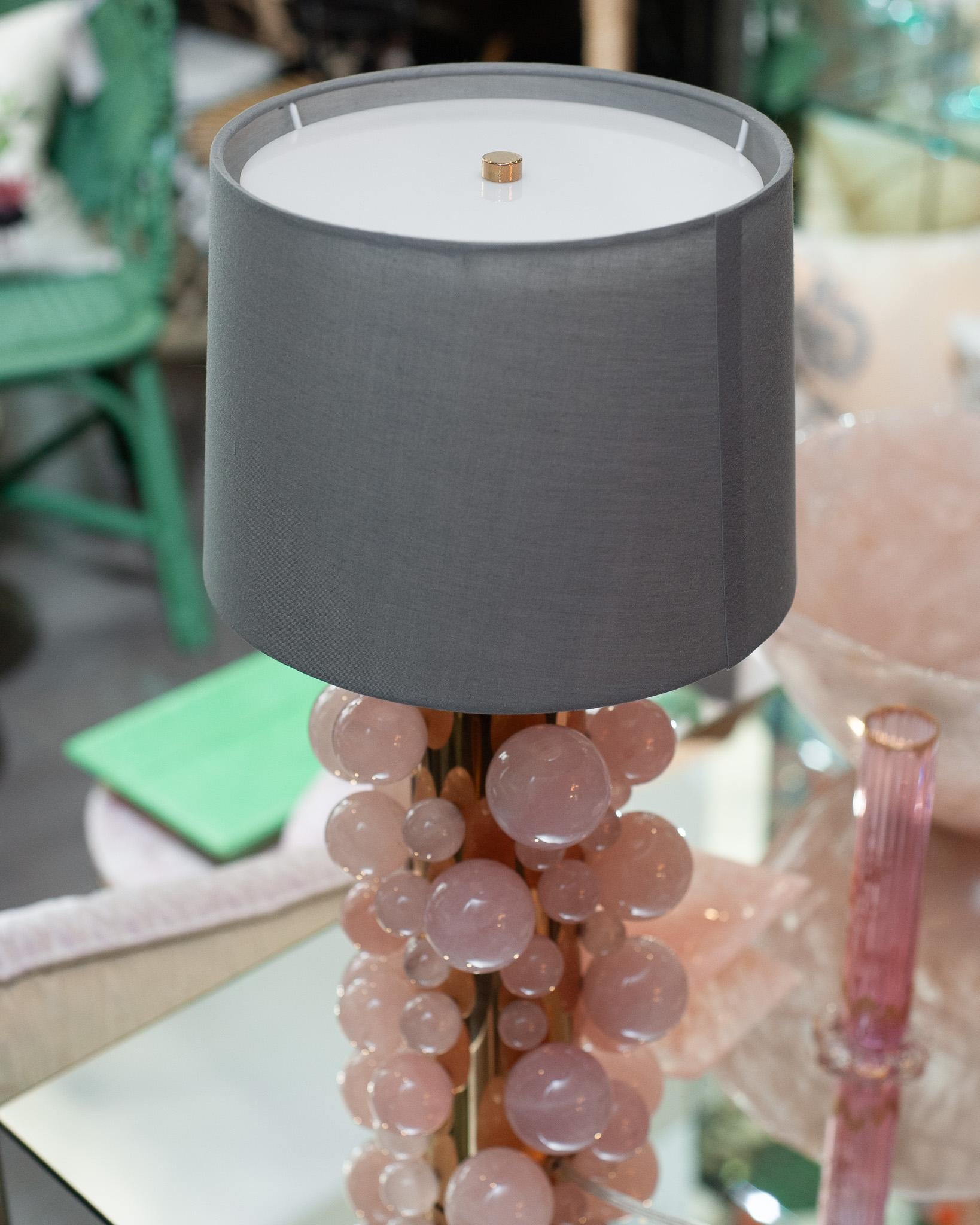 Contemporary Pair of Rose Quartz Spheres Lamps with Grey Silk Shades In New Condition In Toronto, ON