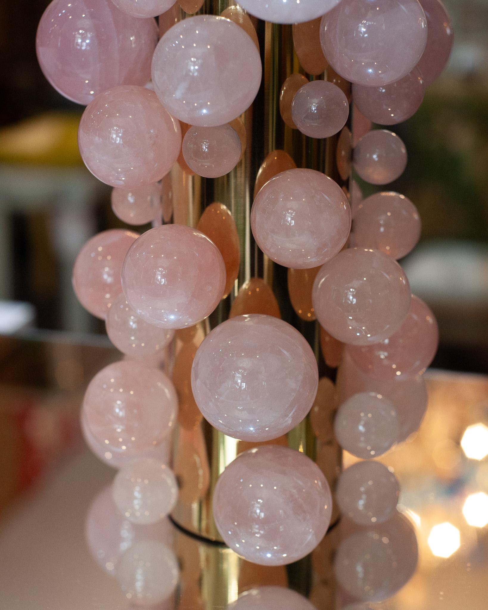Brass Contemporary Pair of Rose Quartz Spheres Lamps with Grey Silk Shades