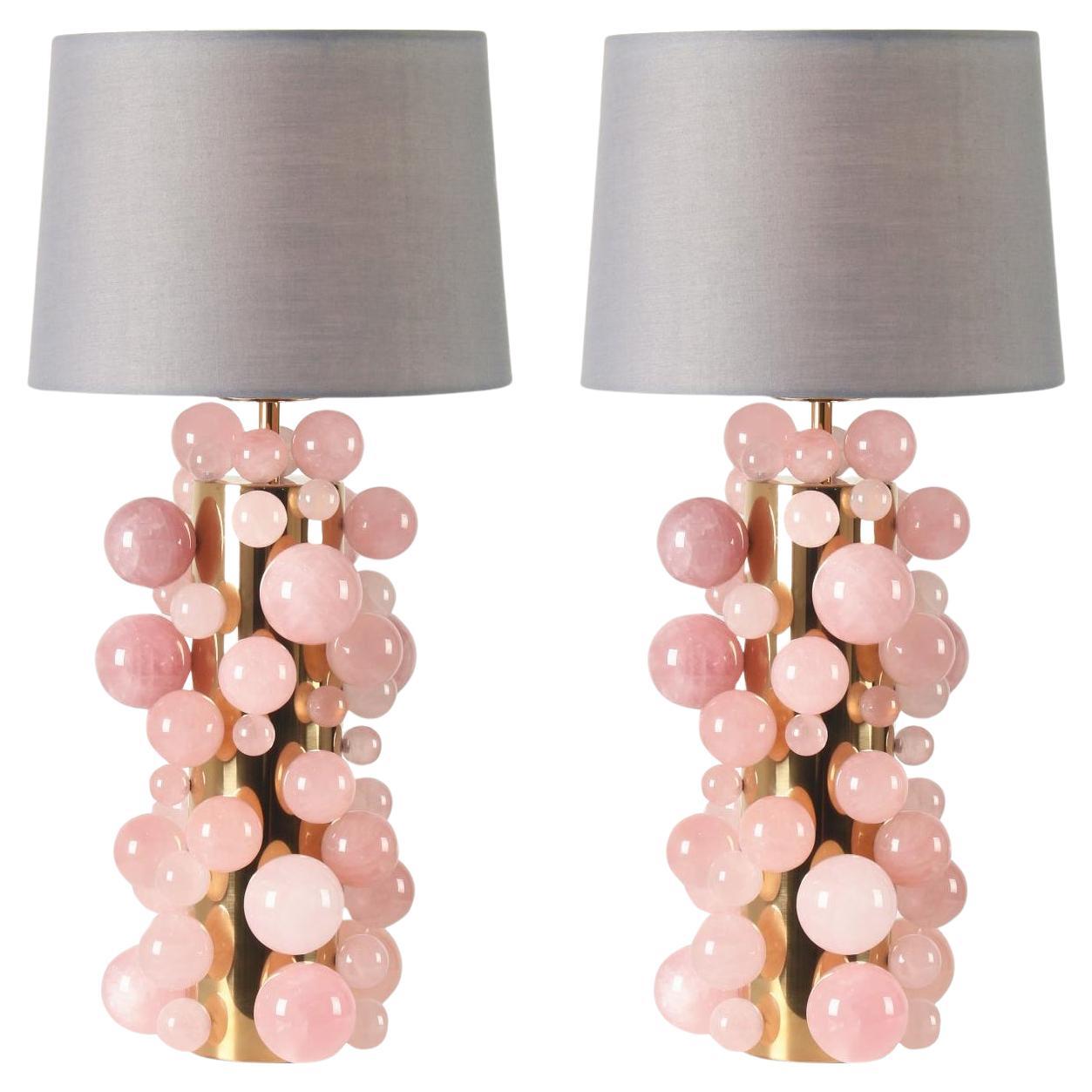 Contemporary Pair of Rose Quartz Spheres Lamps with Grey Silk Shades