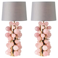 Contemporary Pair of Rose Quartz Spheres Lamps with Grey Silk Shades